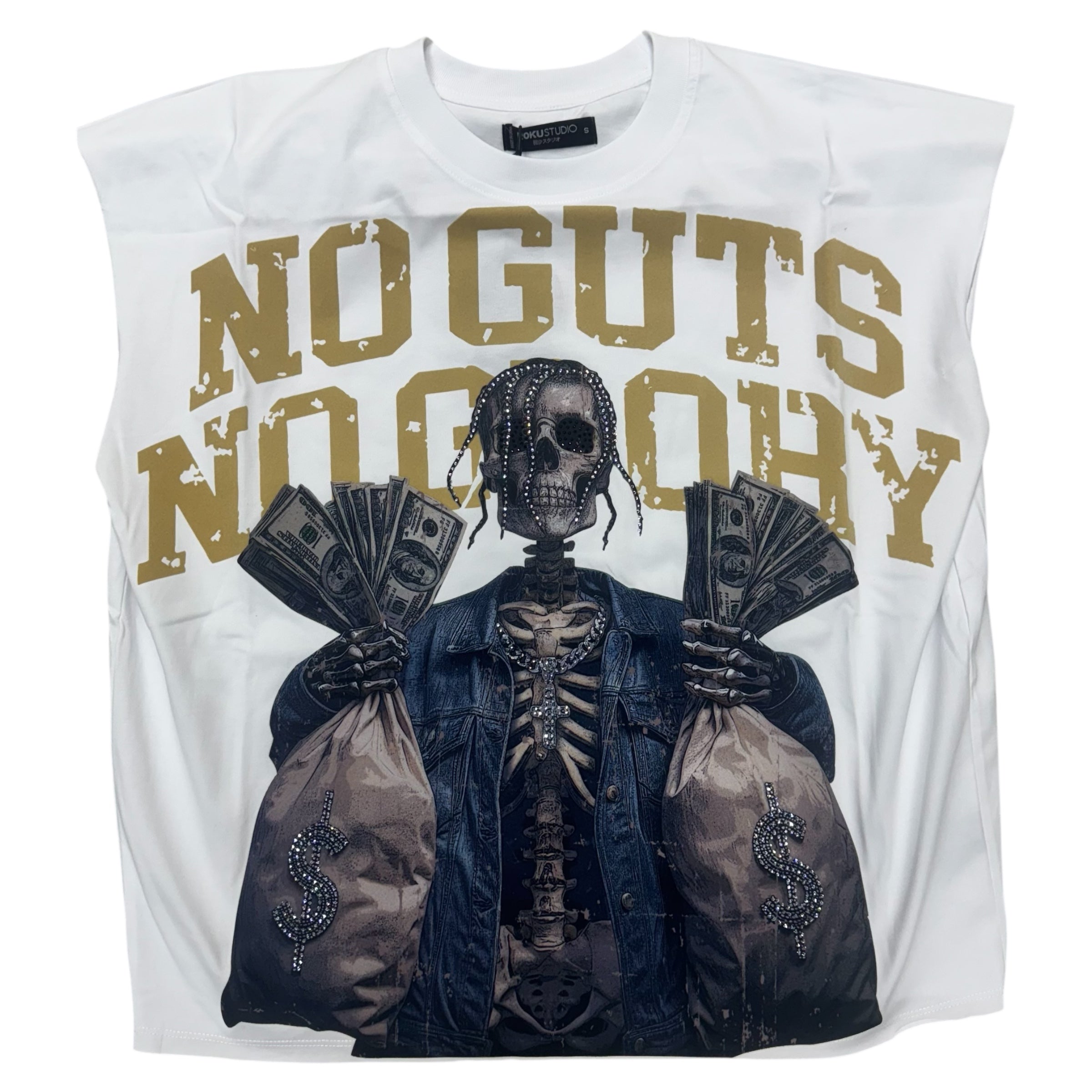 Roku Rhinestone No Guts No Glory Muscle T-Shirt White 1638