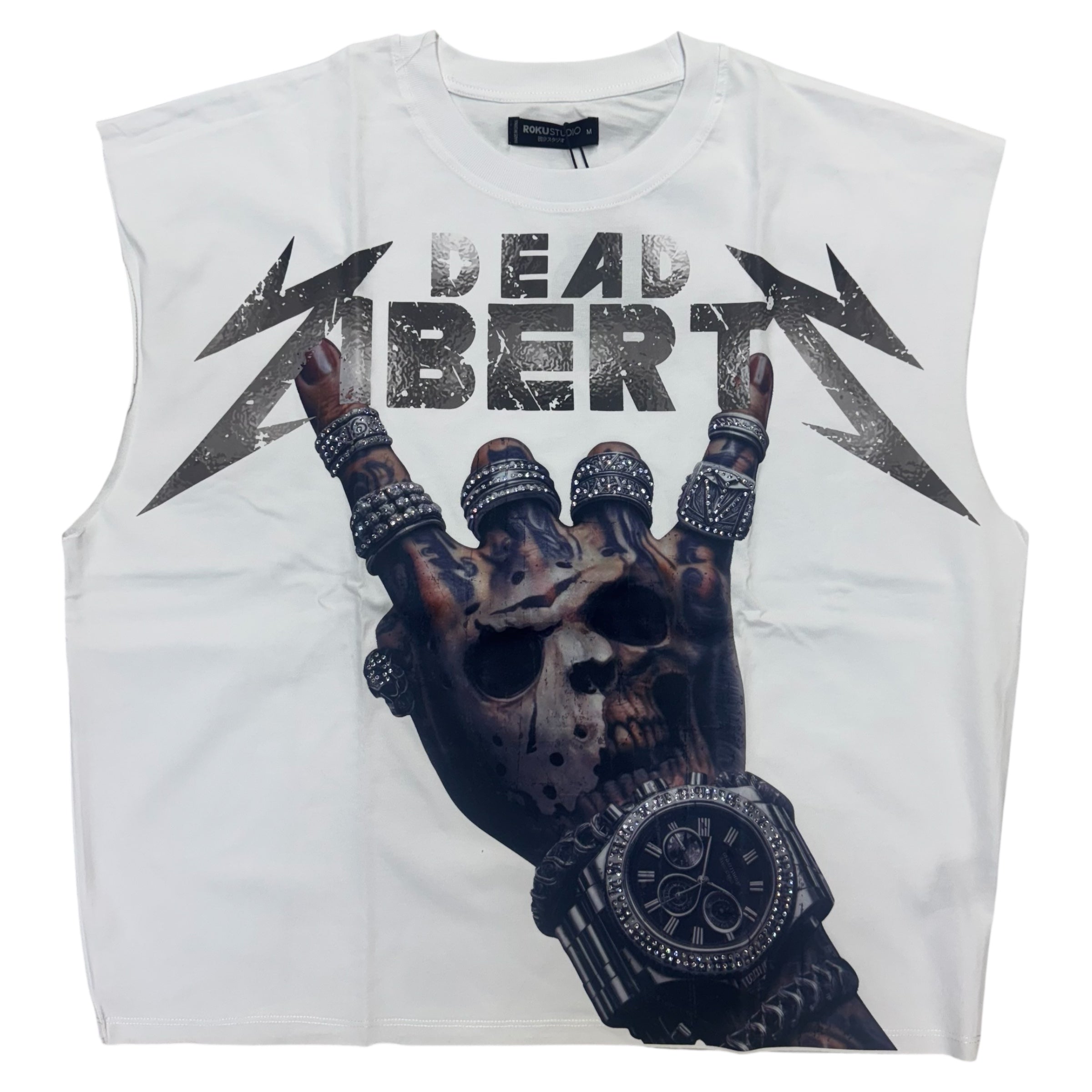 Roku Dead Liberty Rhinestone Muscle T-Shirt White 1641