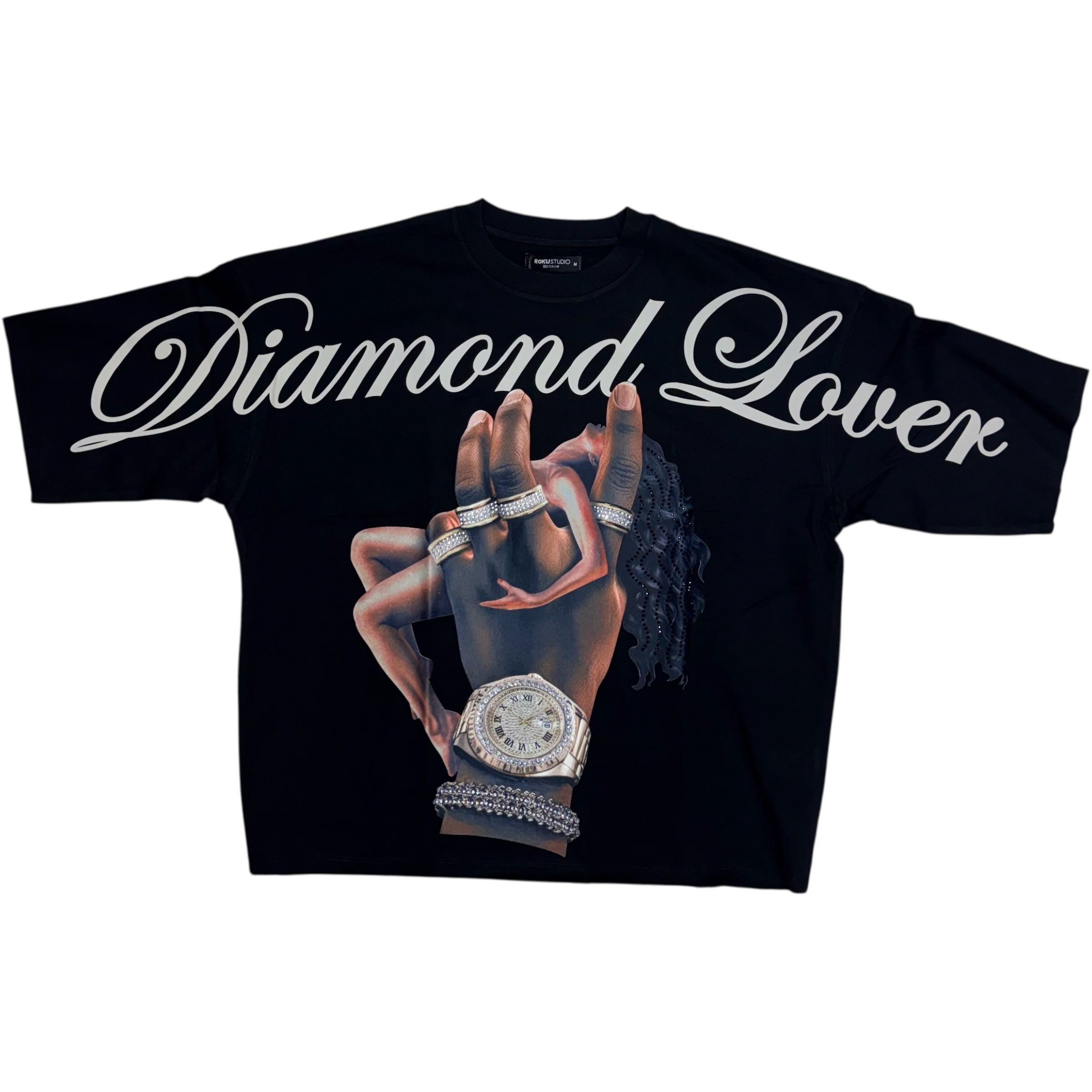 Roku Rhinestone Diamond lover Crop T-Shirt Black 1650