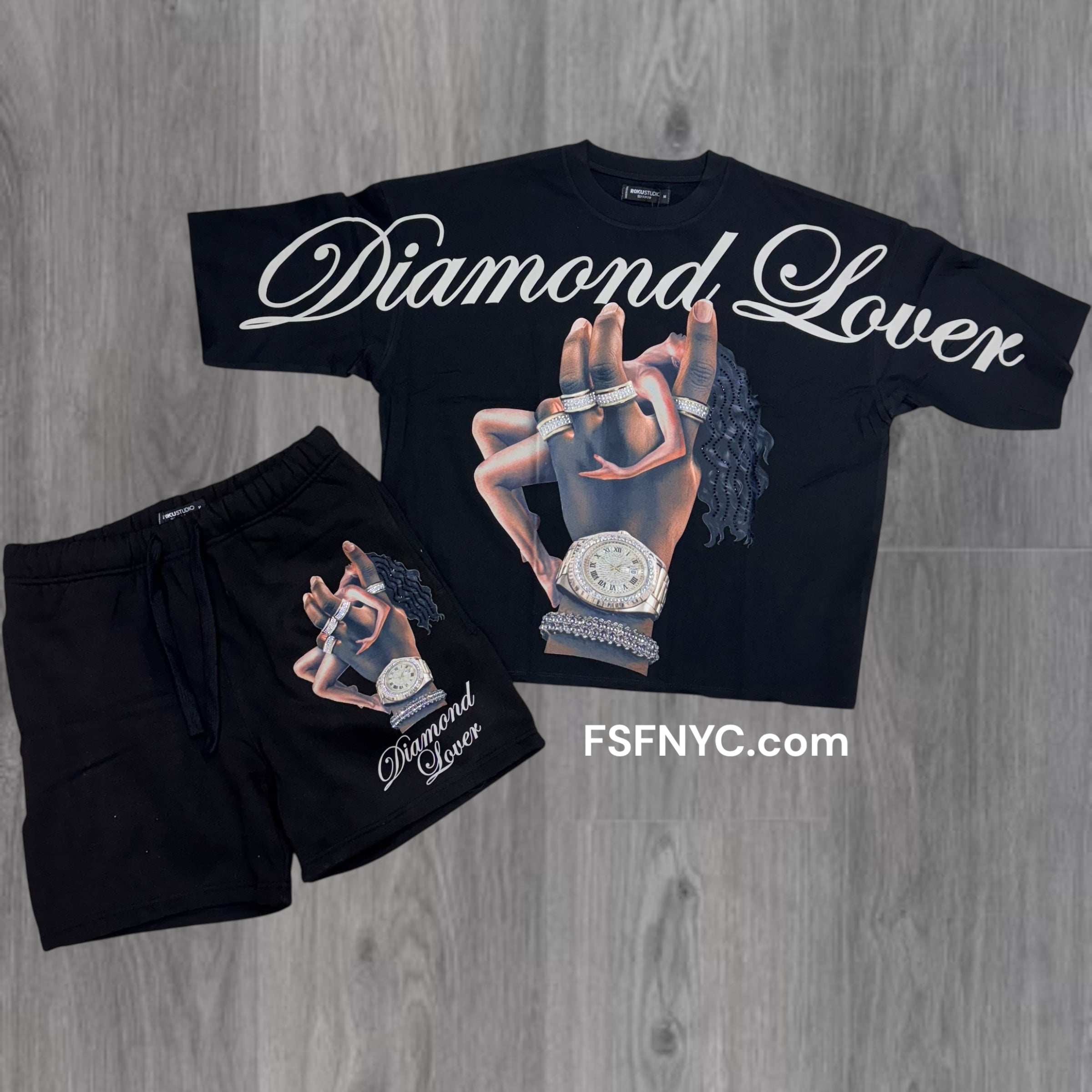 Roku Rhinestone Diamond lover Crop T-Shirt Short Set Black 1650-1651