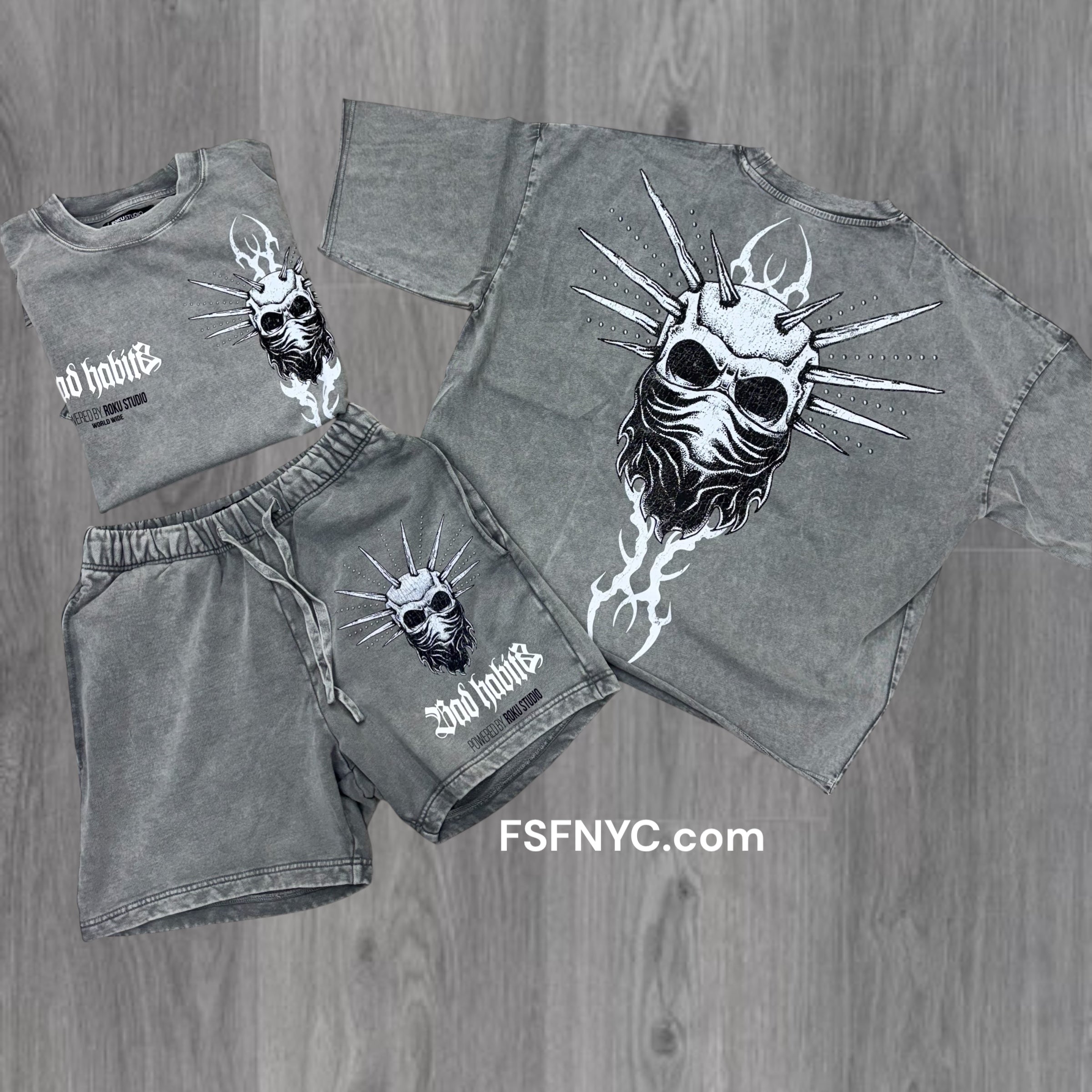 Roku Bad Habbits Crop T-Shirt Short Set Grey 1635-1634