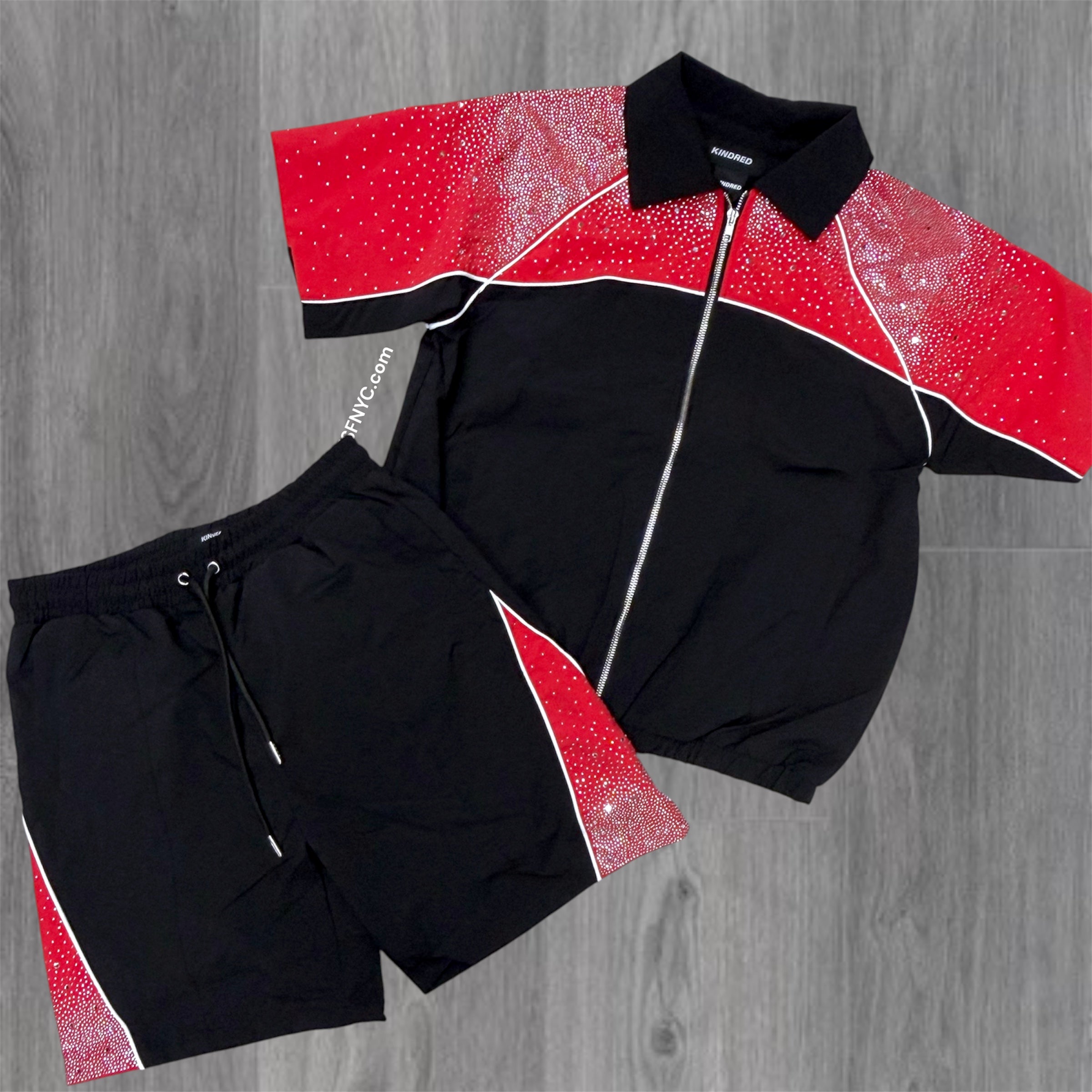 Rhinestones Windbreaker - Set - Black/Red - 267T
