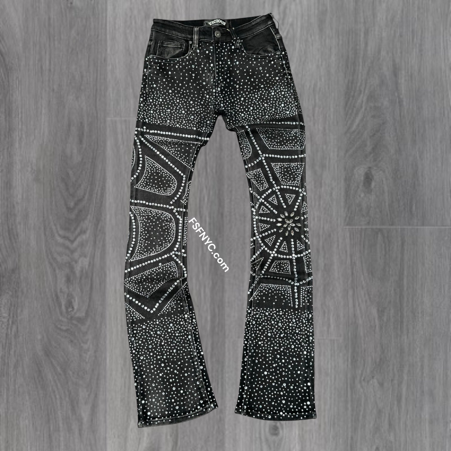 Vicious - STACKED EMBELLISHED RHIESTONE DENIM - BLACK - VC957 zi