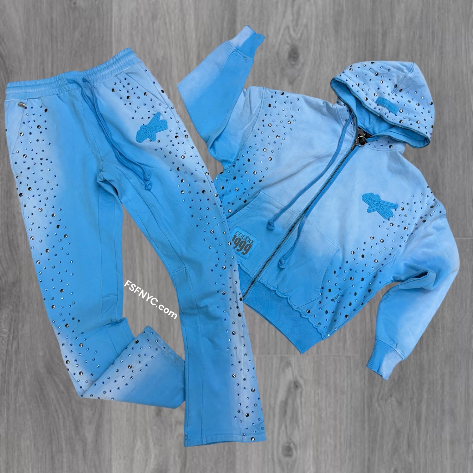 HDSN - Stacked Rhinestone “COL” Sweat Suit - Blue - 637