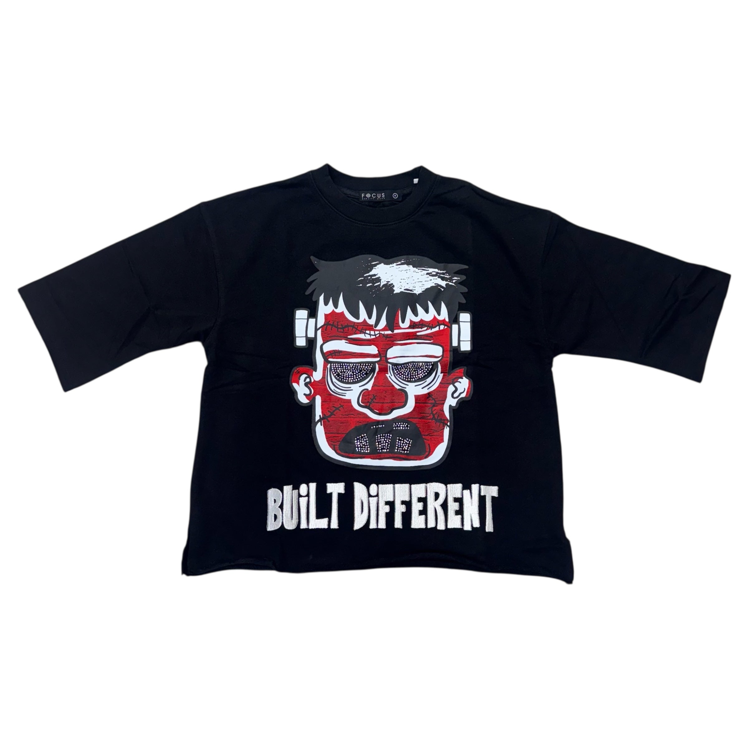 Focus Rhinestone Built Different Crop Fit T-Shirt Black 80710