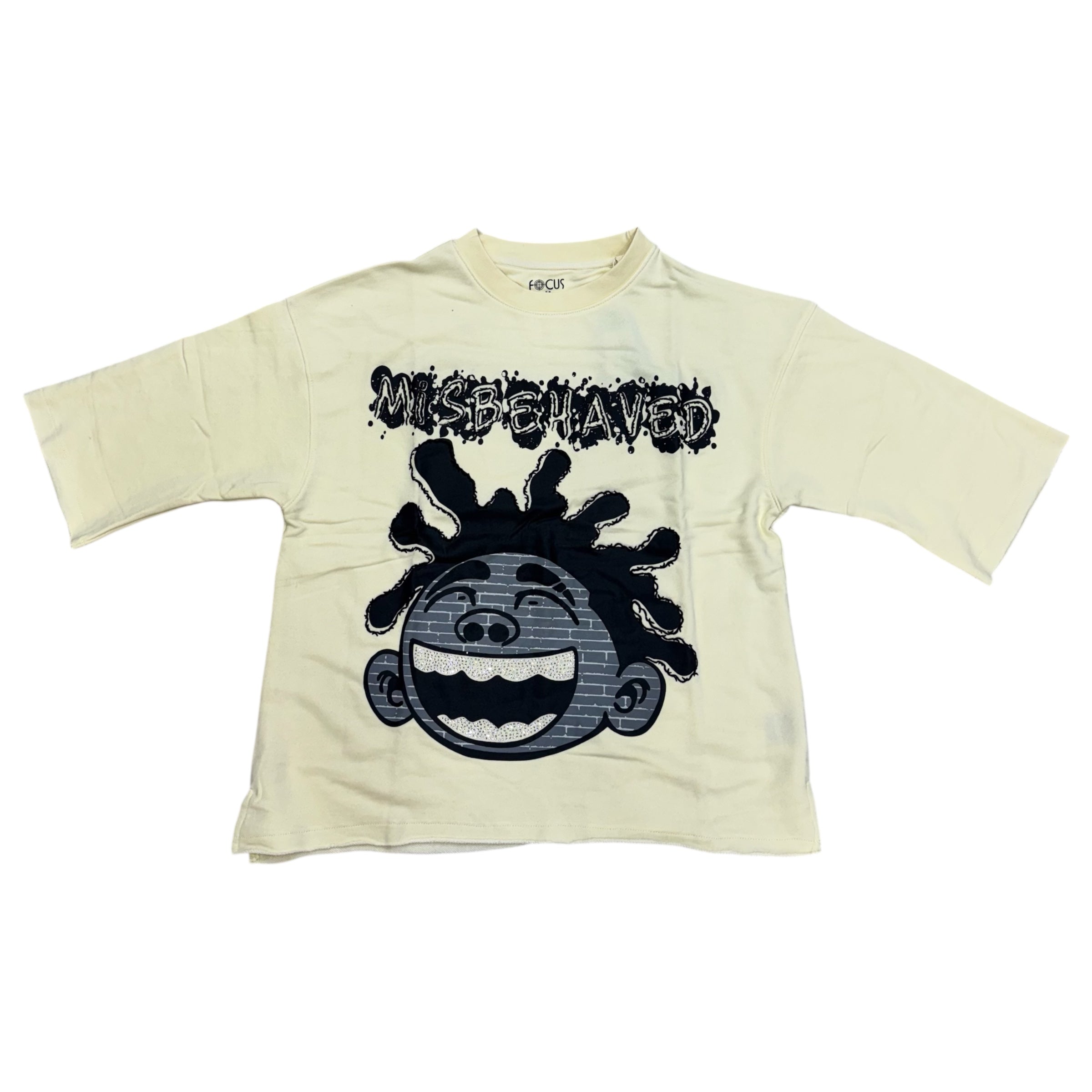 Focus Rhinestone Misbehaved Crop Fit T-Shirt Cream 80699