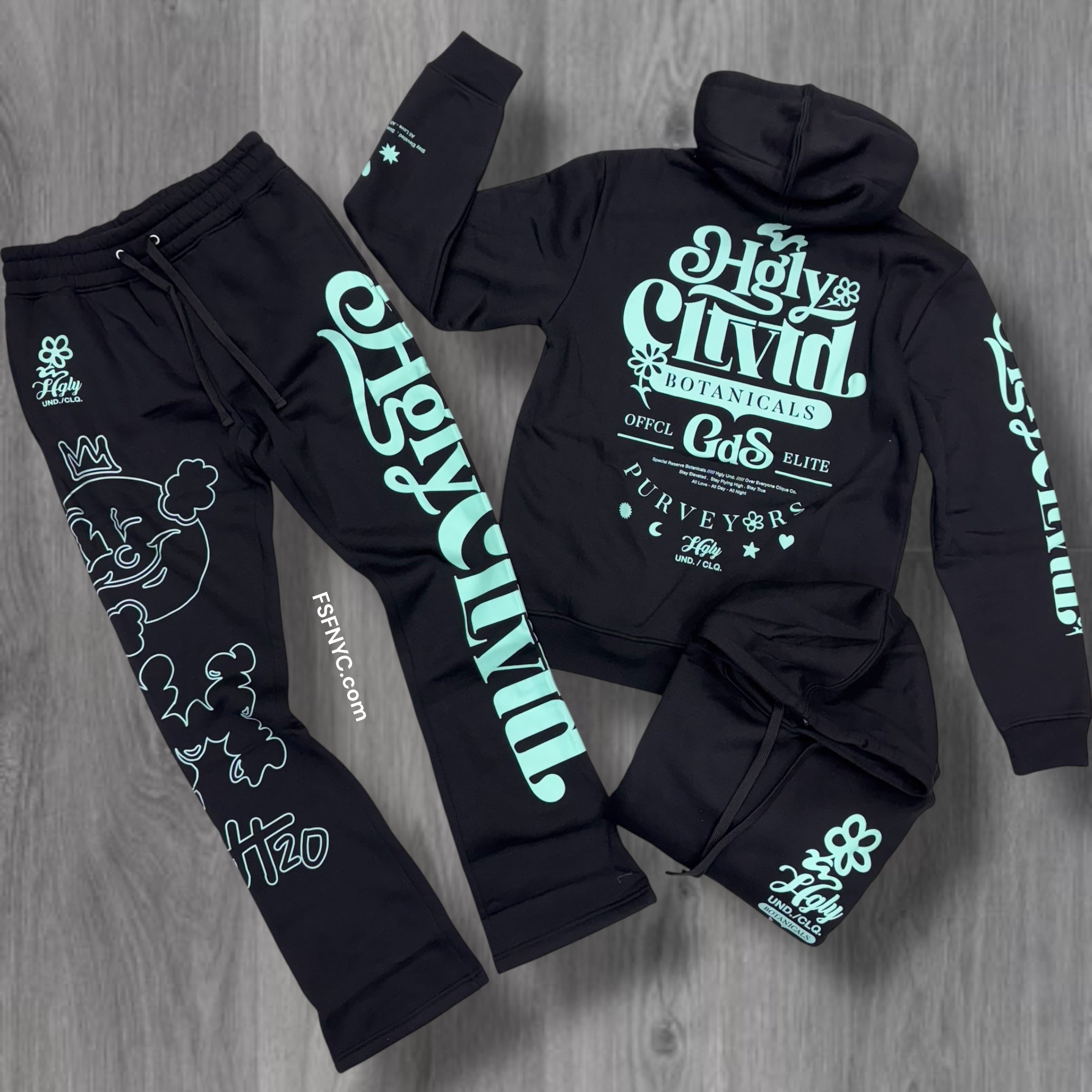 UNDRTD - Stacked BOTANICALS Sweat Suit - Black/Blue - UF5606