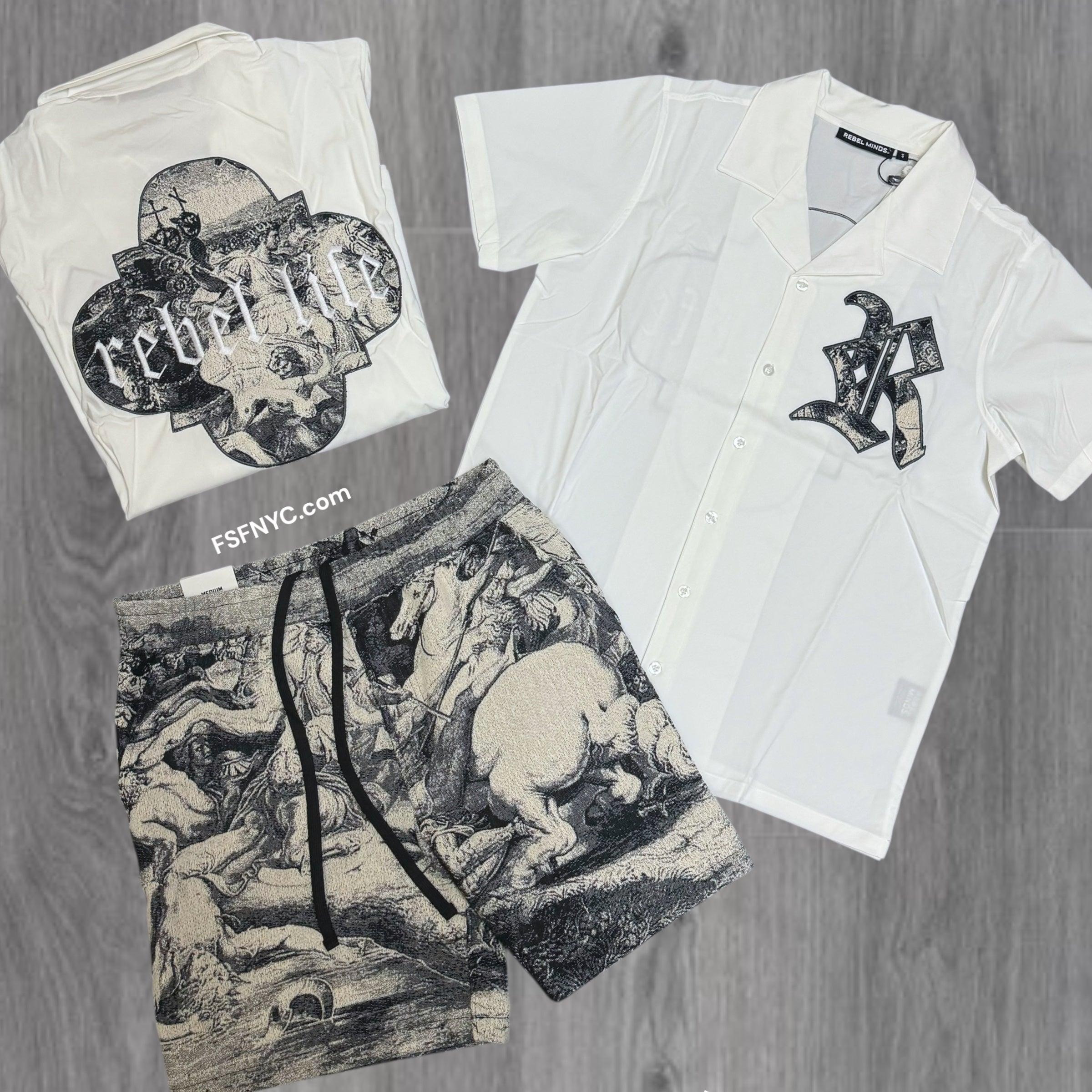 Rebel Button Down Empire Short Set White Grey 731 931