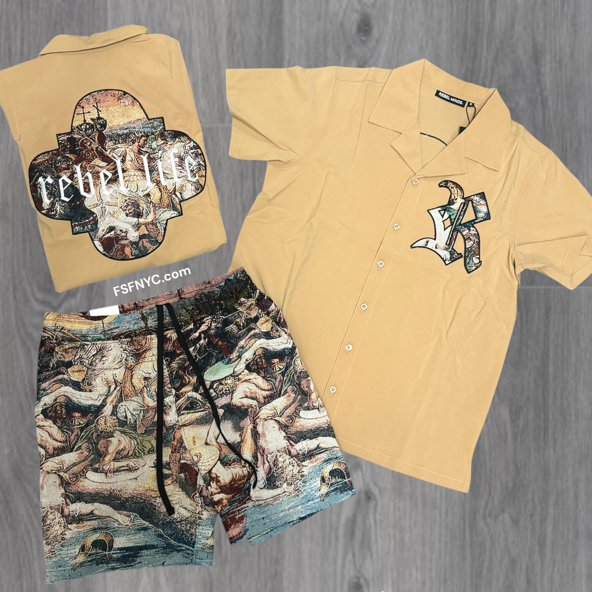 Rebel Button Down Empire Short Set Beige Multi 731 931
