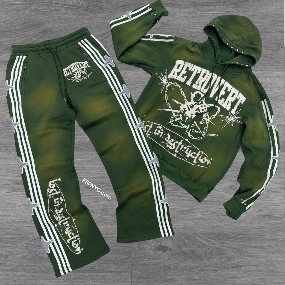 Destruction Stacked Studded Sweatsuits Green