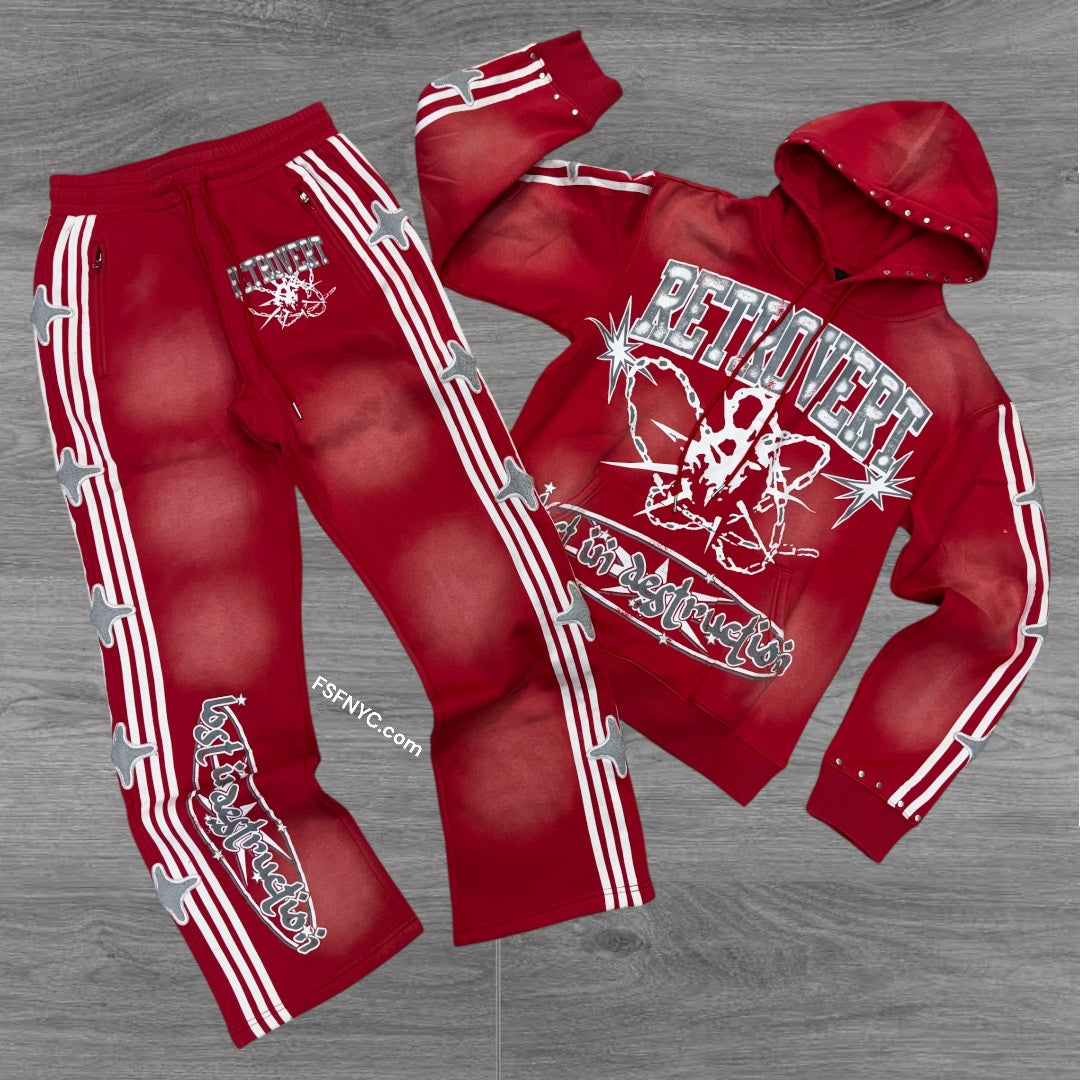 Destruction Stacked Studded Sweatsuits Red