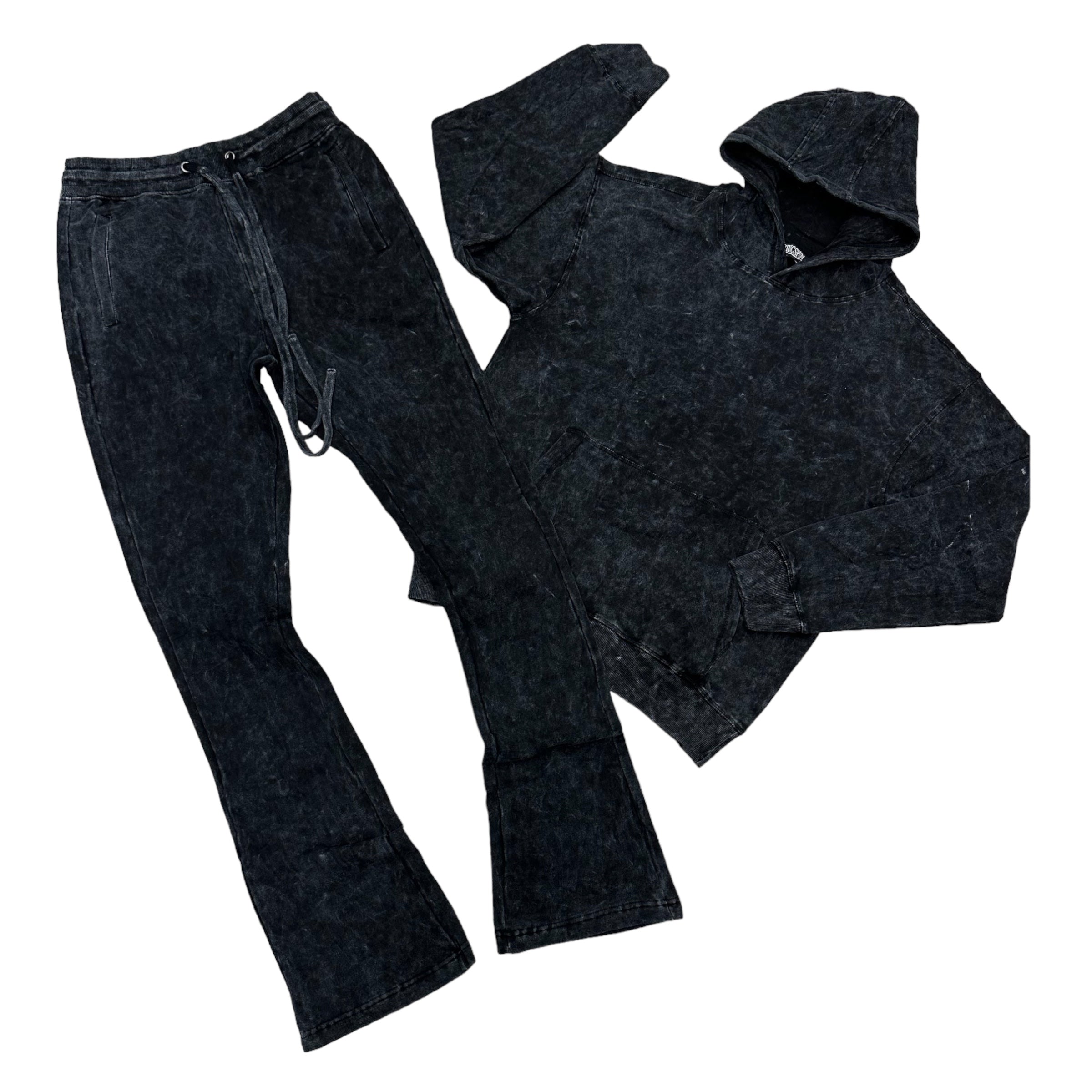 Rs Acid washed Stacked Pullover hoodie set Black 301 401