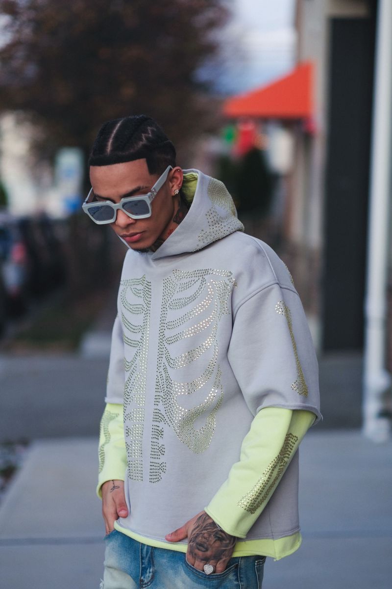 Gunzinii - Rhinestone Skeleton Hoodie - Grey - GZ524