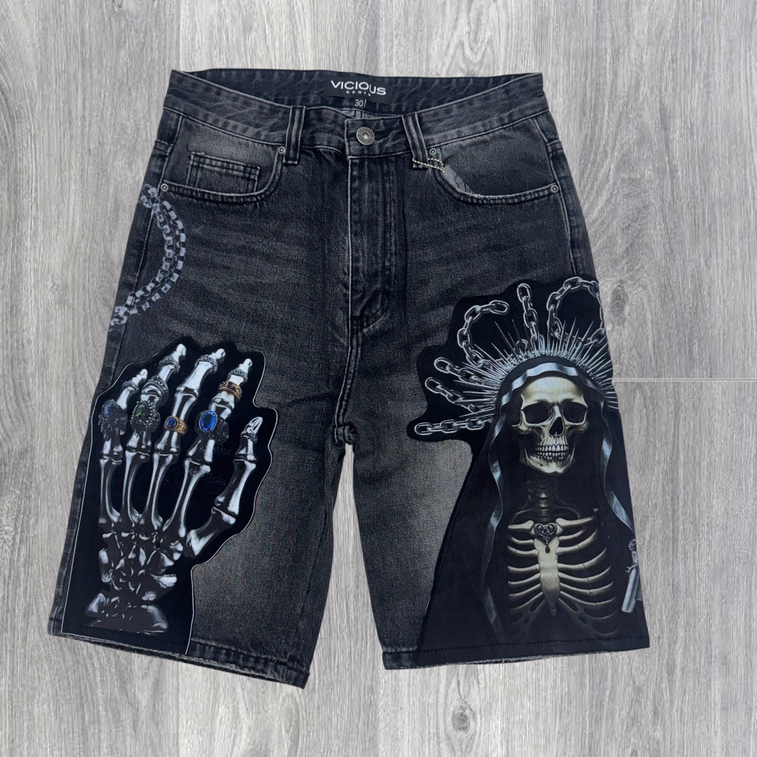 Vicious - Skeleton Denim shorts- Vintage black - vc1207