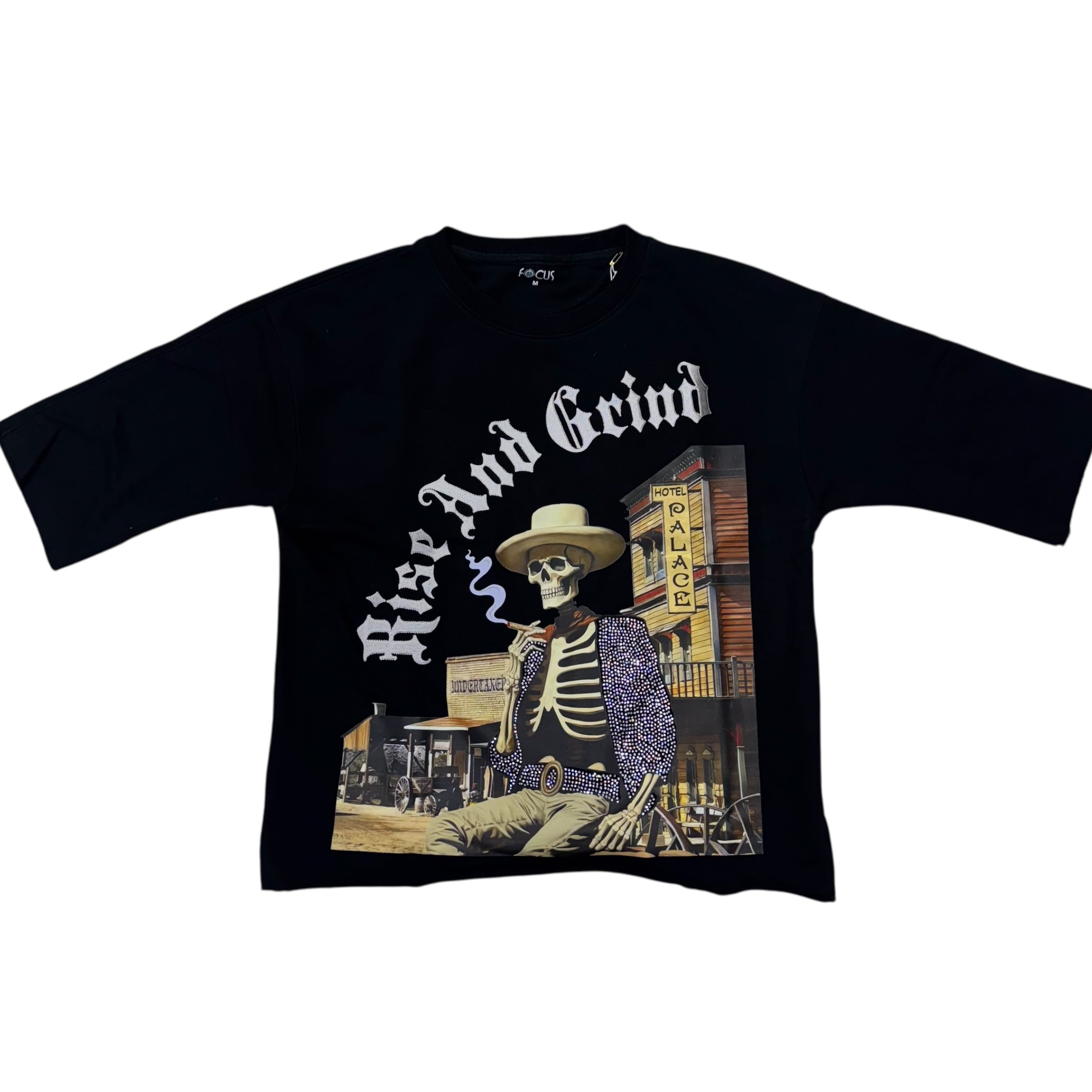 Focus Rhinestone Rise And Grind Crop Fit T-Shirt Black 80729