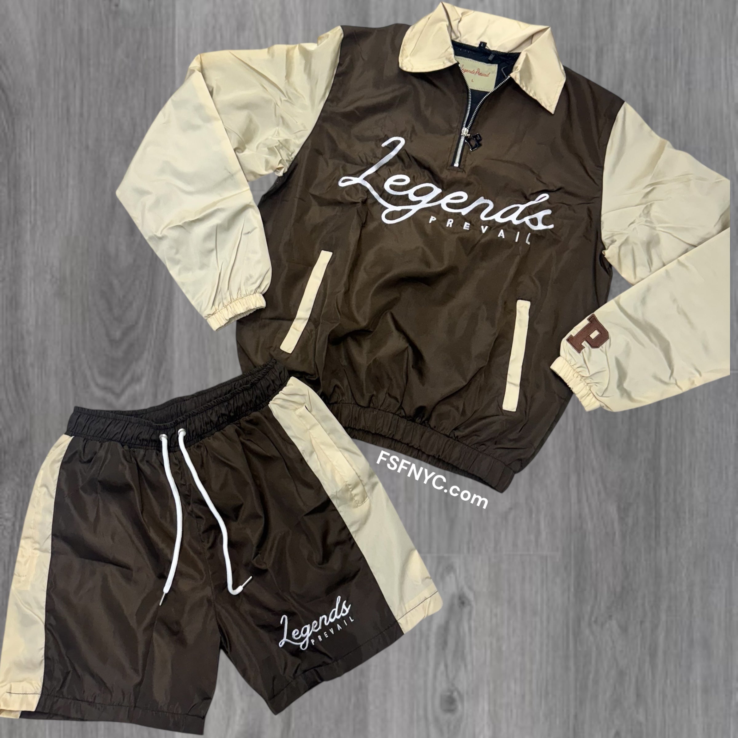 Prevail Nylon Pullover Short Set Brown/Cream
