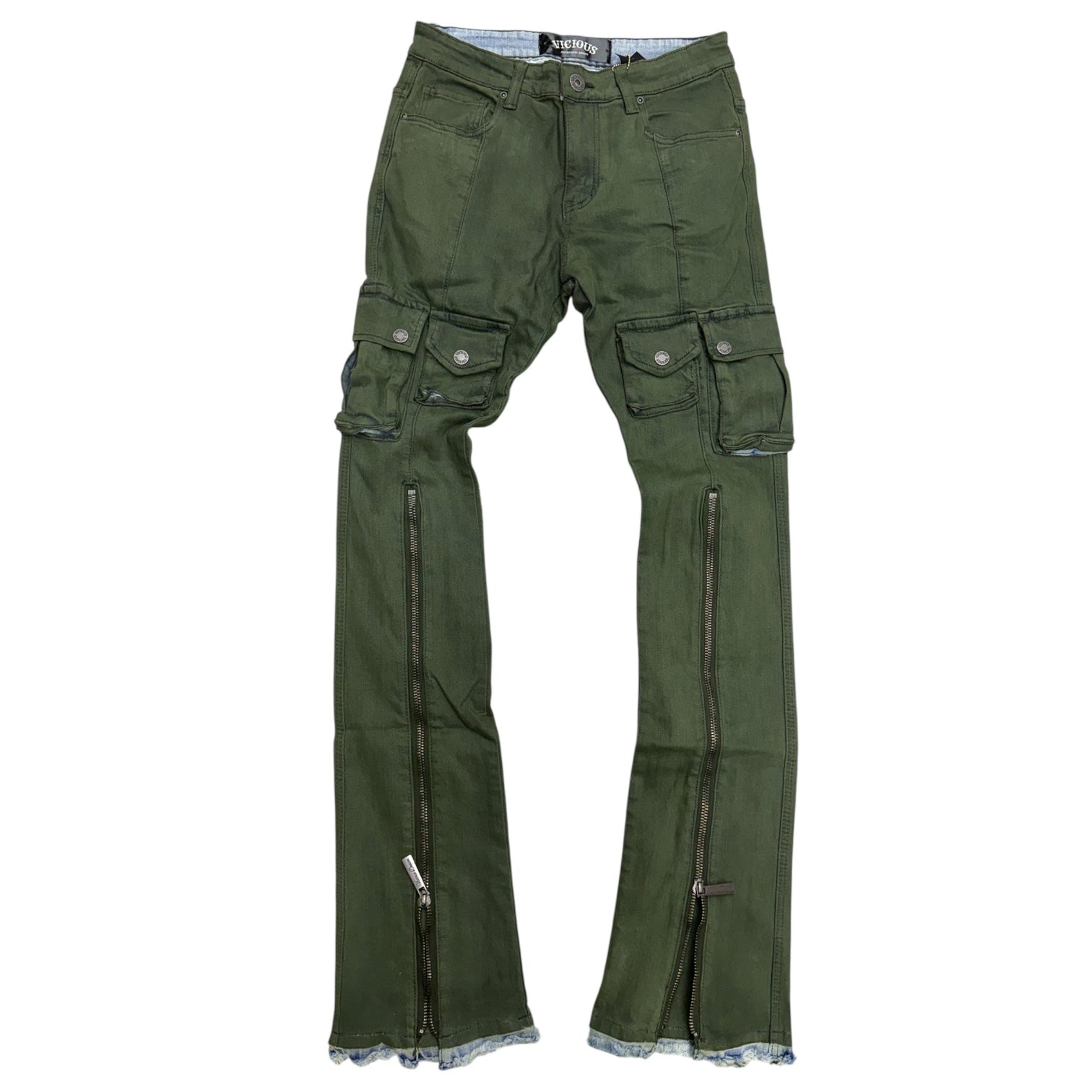 Vicious - Multi front Cargo Seven Flare Denim   - Olive - VC661  zi