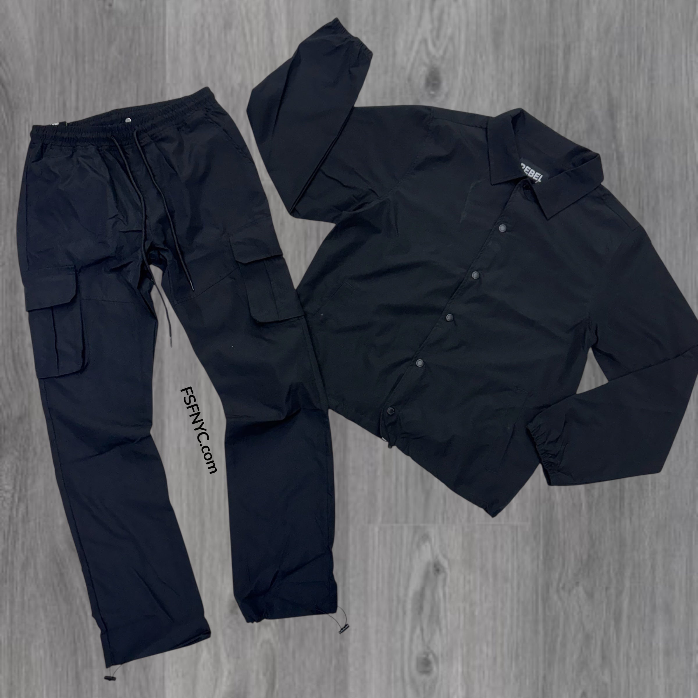 Rebel - SET - Nylon Coach Jacket & Cargo Pants - Black - 525 421