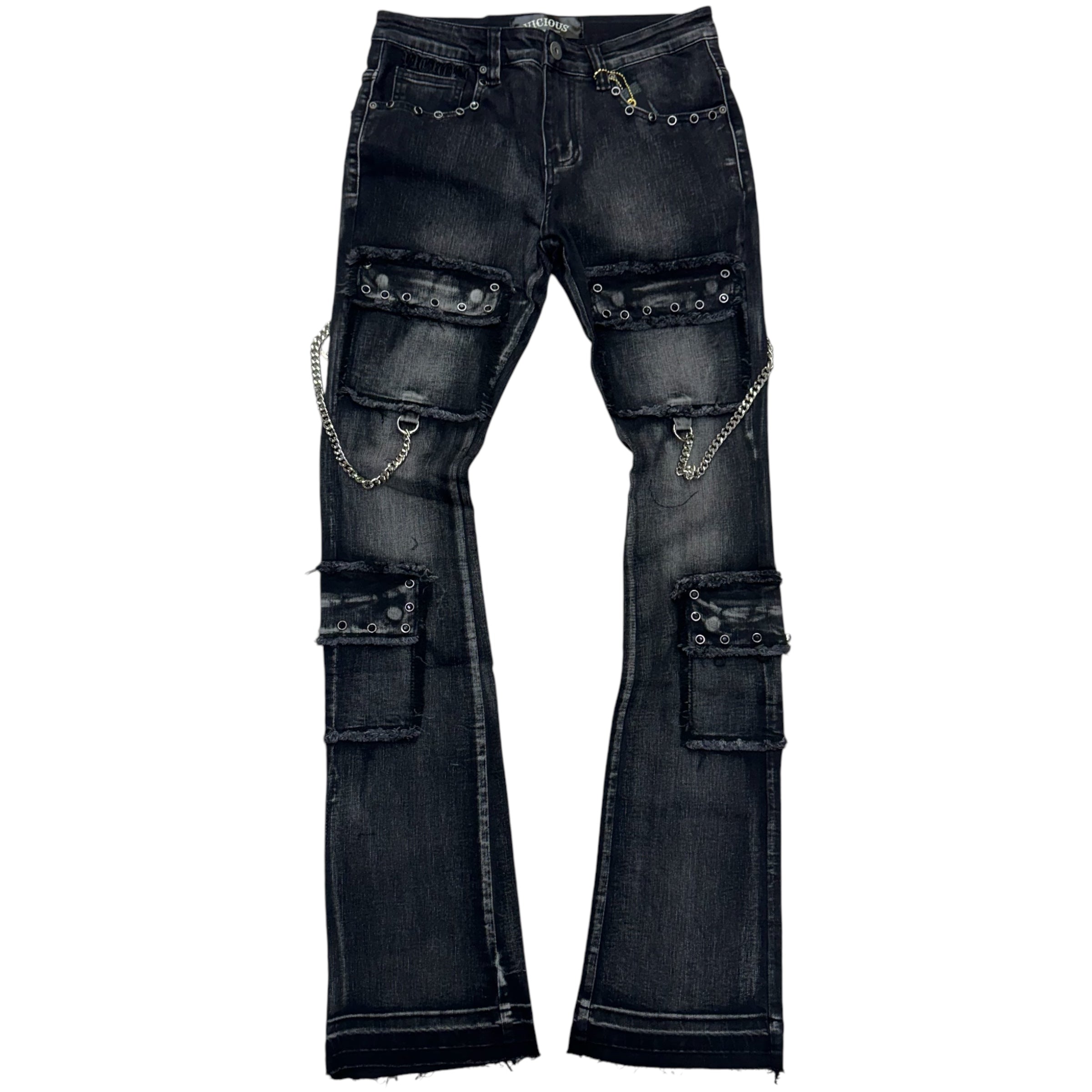 Vicious Stacked Crystal Cargo Denim Black VC663