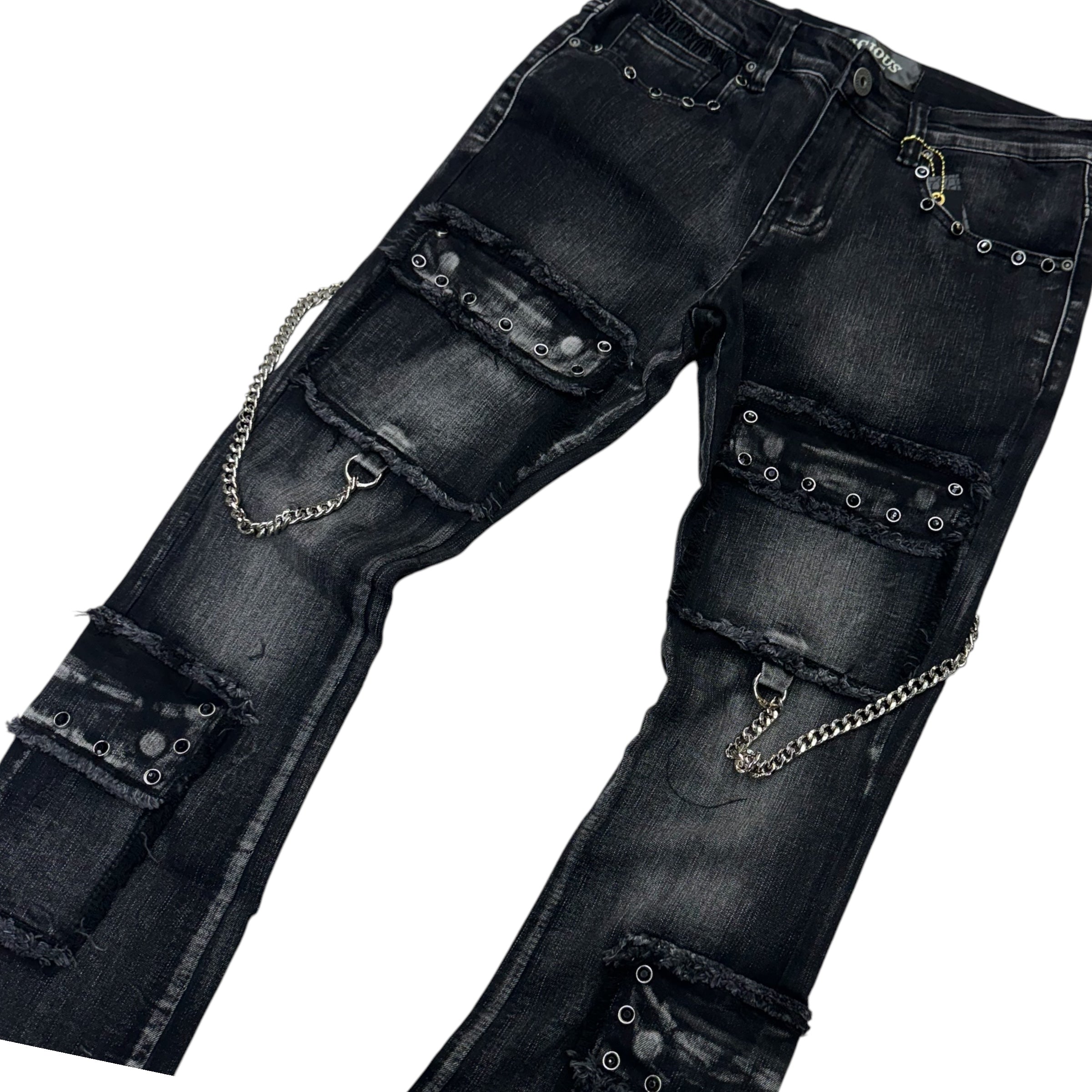 Vicious Stacked Crystal Cargo Denim Black VC663