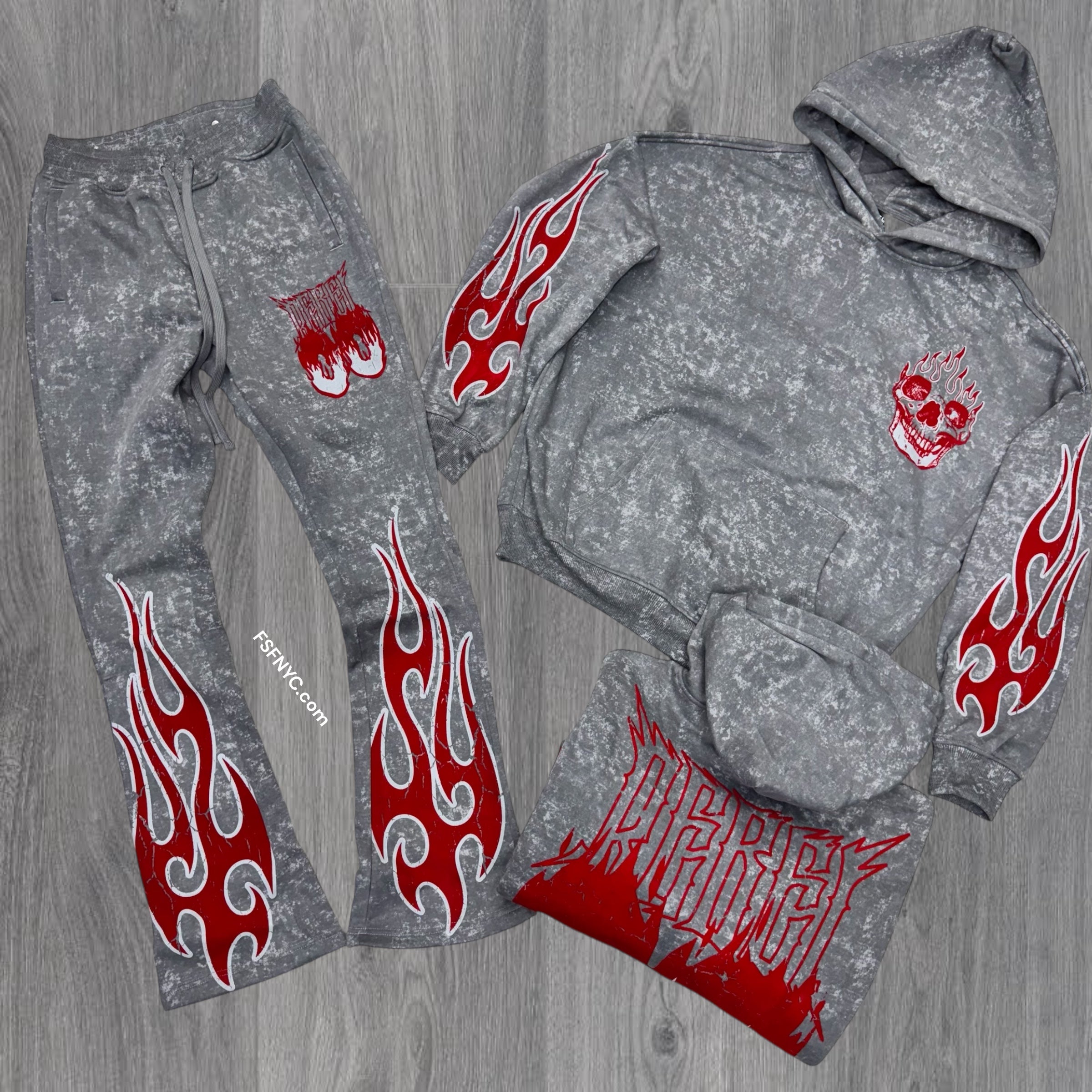 Rebel - Stacked Flame Skull Acid Wash Sweat Suit - Grey - 315 415
