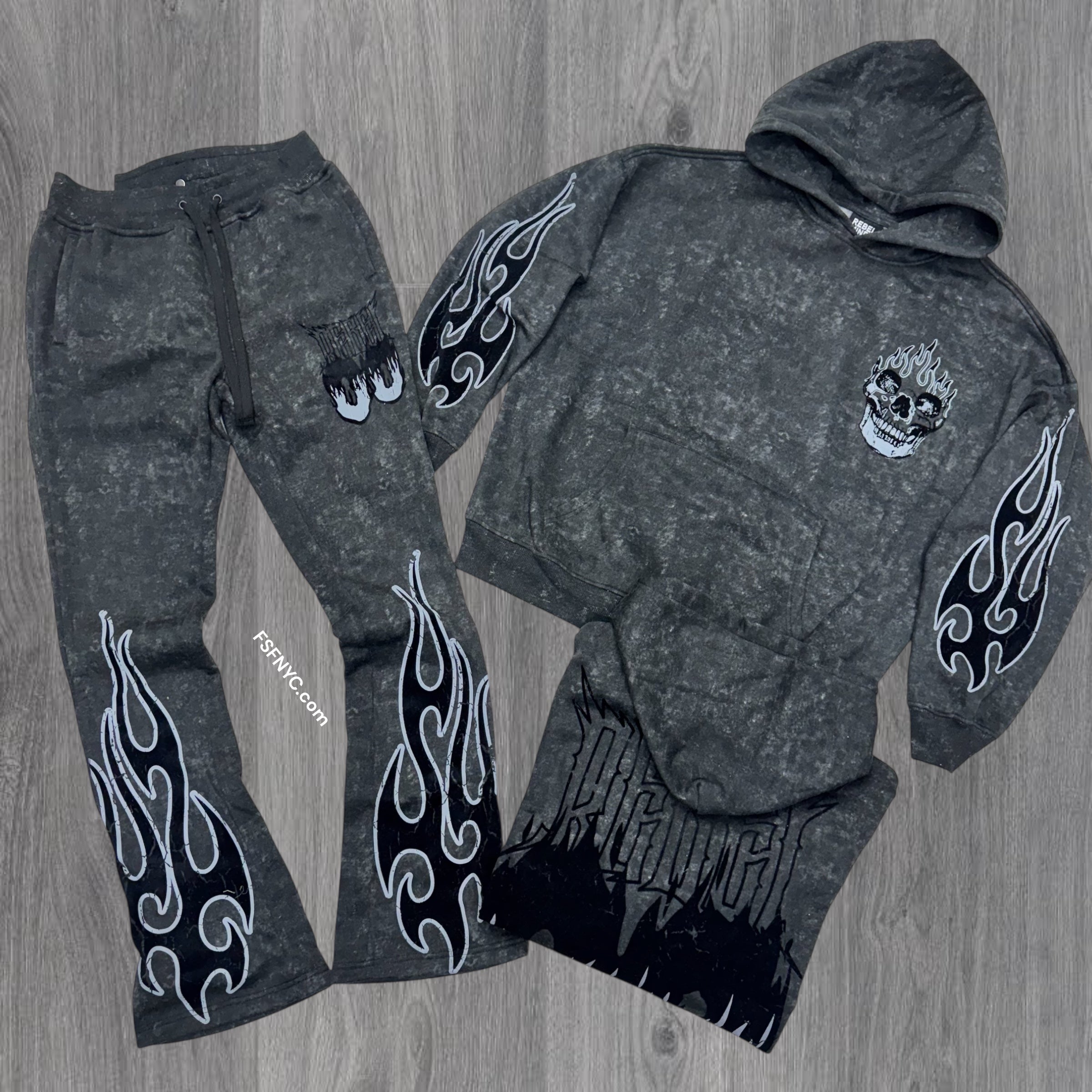 Rebel - Stacked Flame Skull Acid Wash Sweat Suit - Black - 315 415