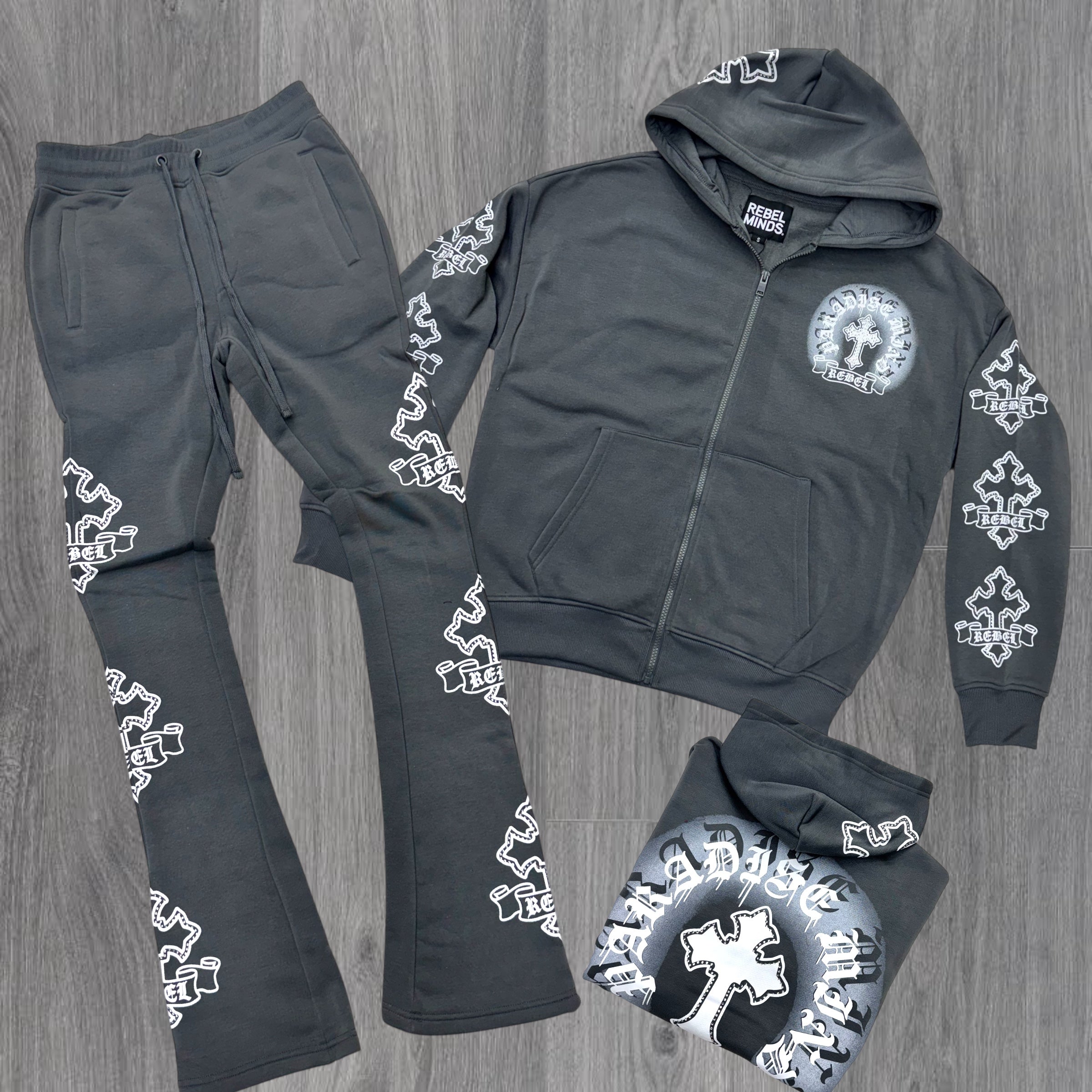 Rebel - Stacked Cross Zip Hood Sweat Suit - DK.Grey - 328 428