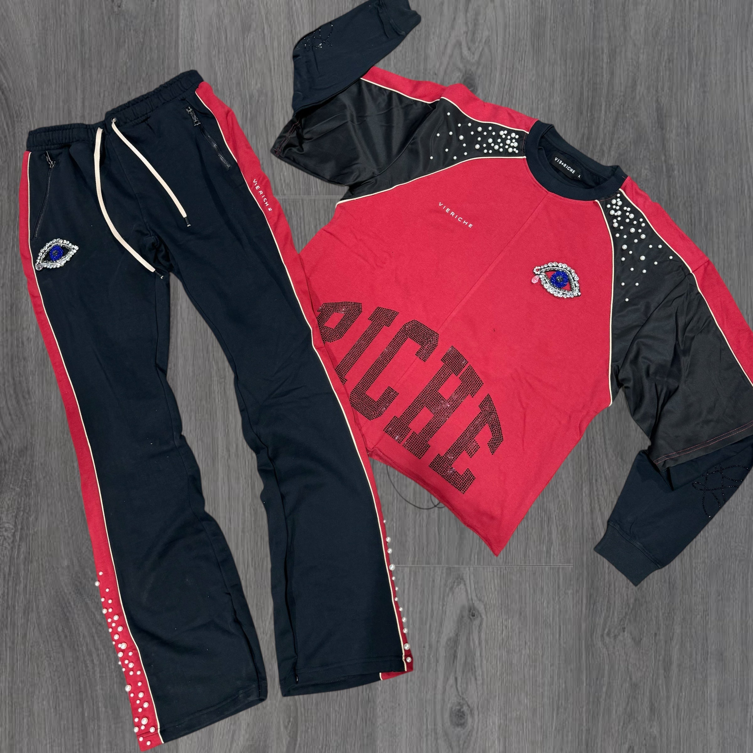 VR - Stacked Crystal Crew Sweat Suit - Red - VR1403