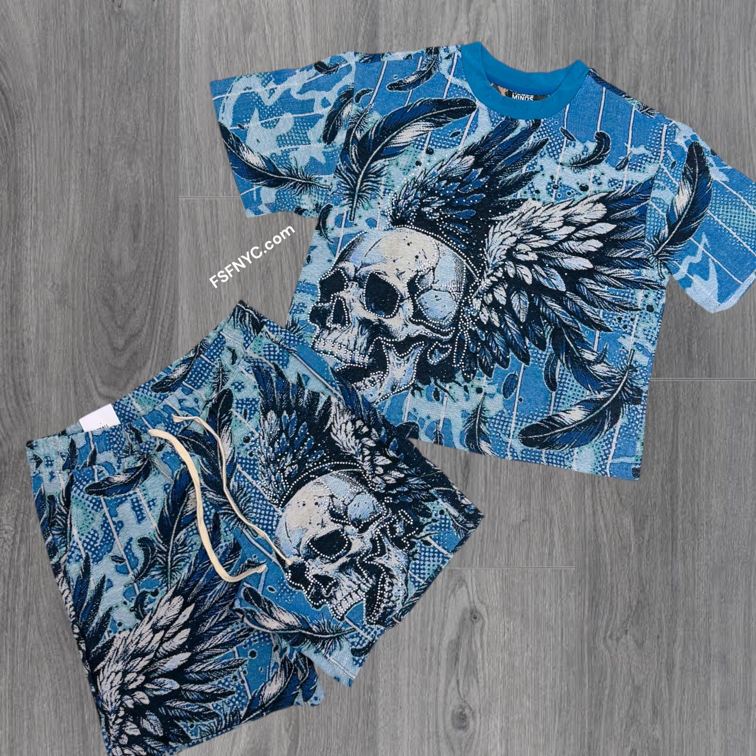 Rebel - SET Tapestry Skull w/Rhinestone Short Set - Blue - 703 903