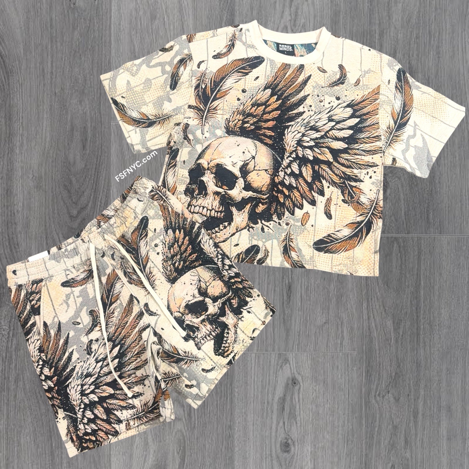 Rebel - SET Tapestry Skull w/Rhinestone Short Set - Cream  - 703 903