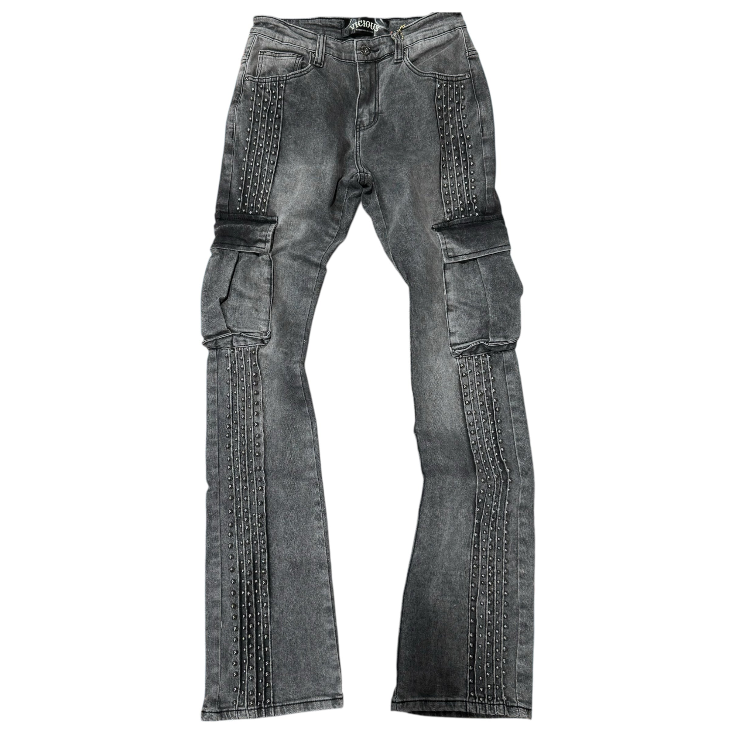 Vicious- Flare Cargo w Pearls Denim - Grey - VC930