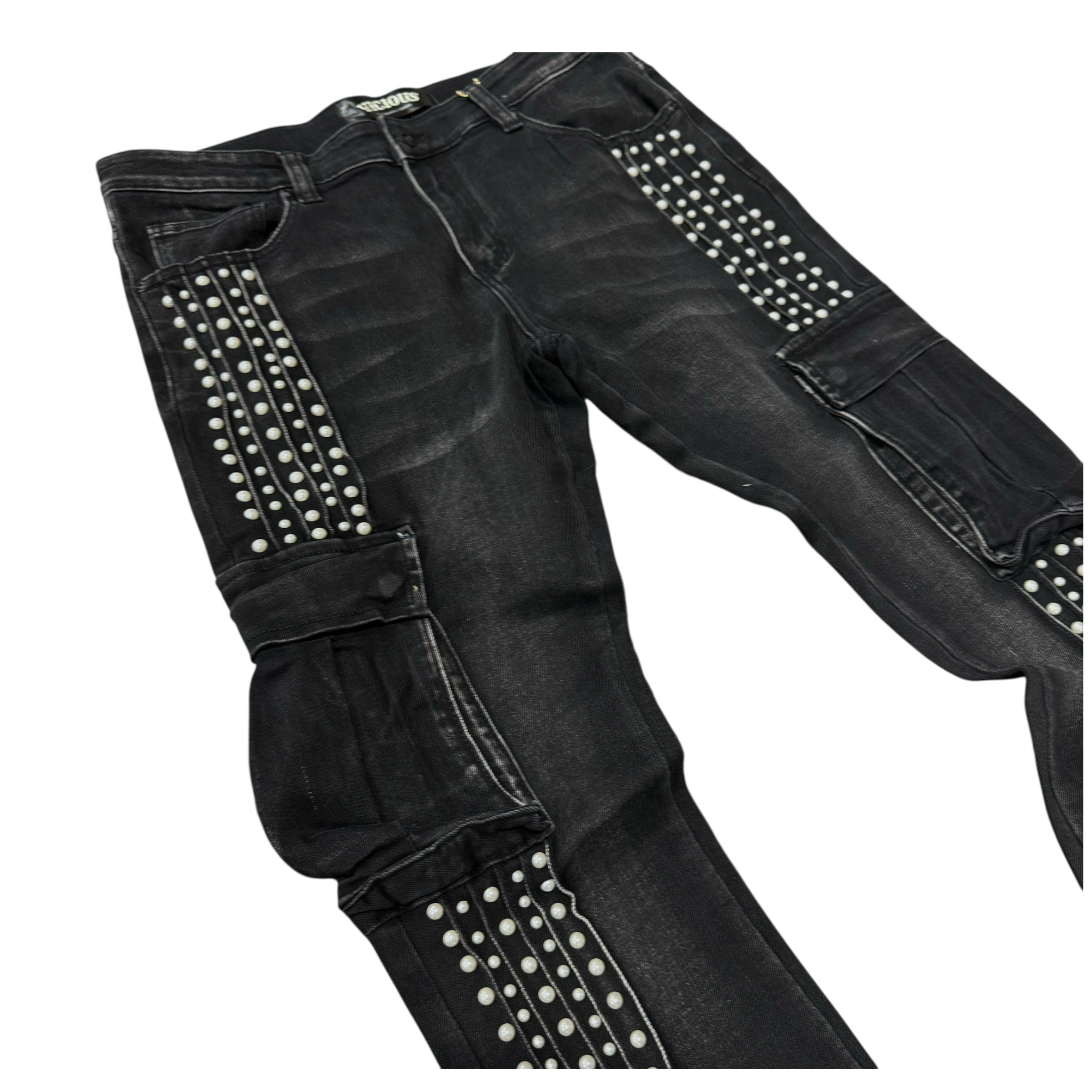 Vicious- Flare Cargo w Pearls Denim - Black- VC930