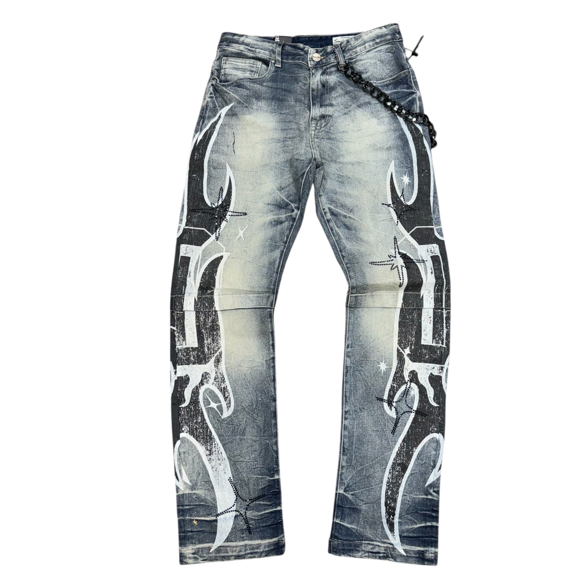Rise - Graphic Denim w/chain - Hazel Blue - 25626