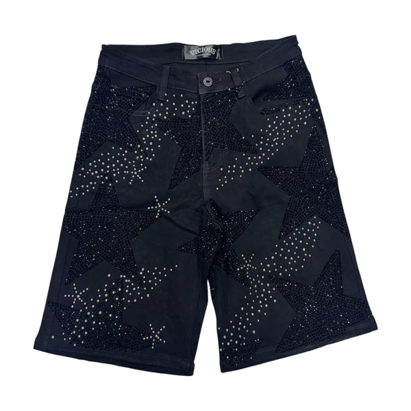 [COMPAGNO]★BERMUDA HALF STAR DENIM PANTS Vicious Rhinestone “STAR” Denim Shorts Black VC826