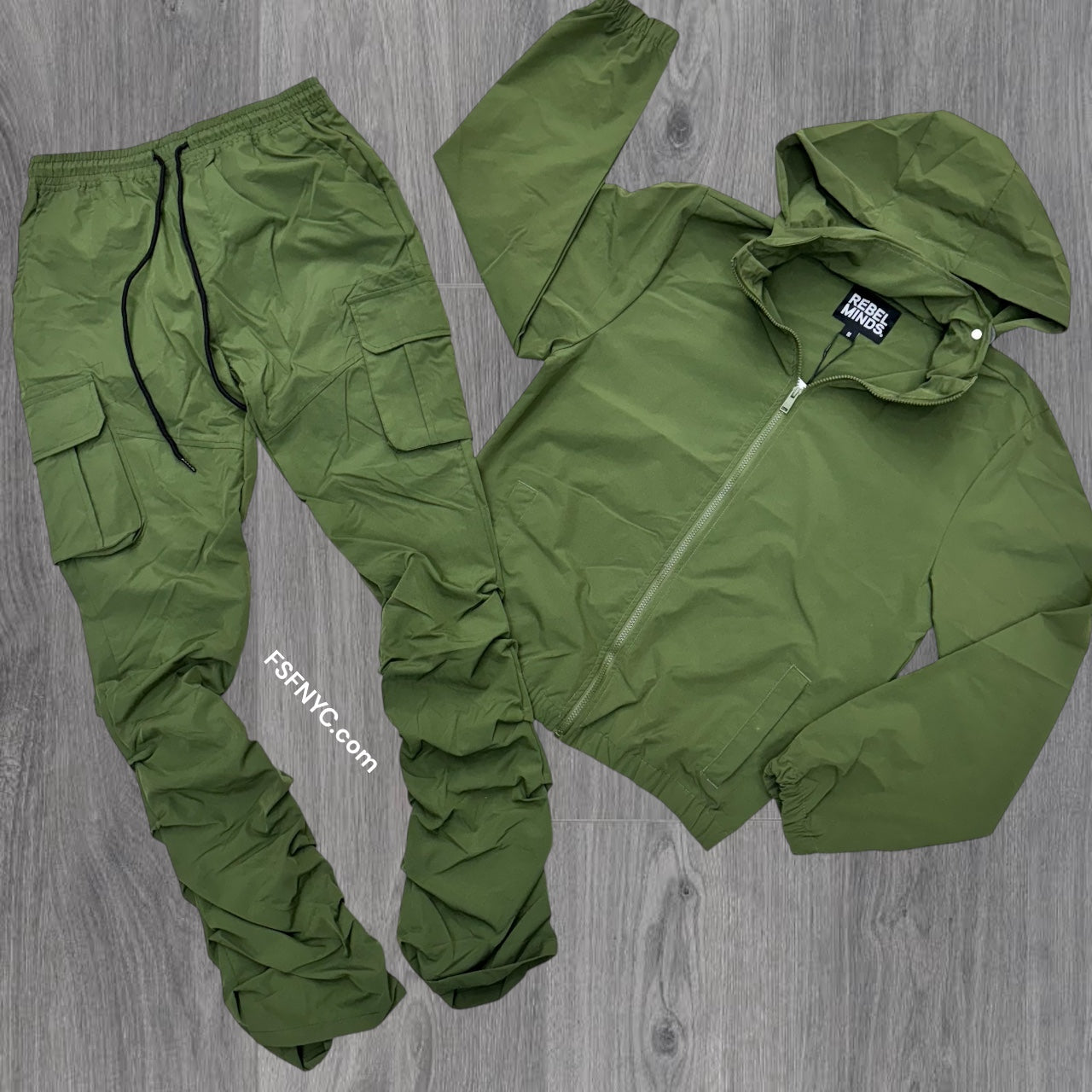 Rebel - Set - Nylon Zip Jackets & Cargo Pants - Olive - 524 422