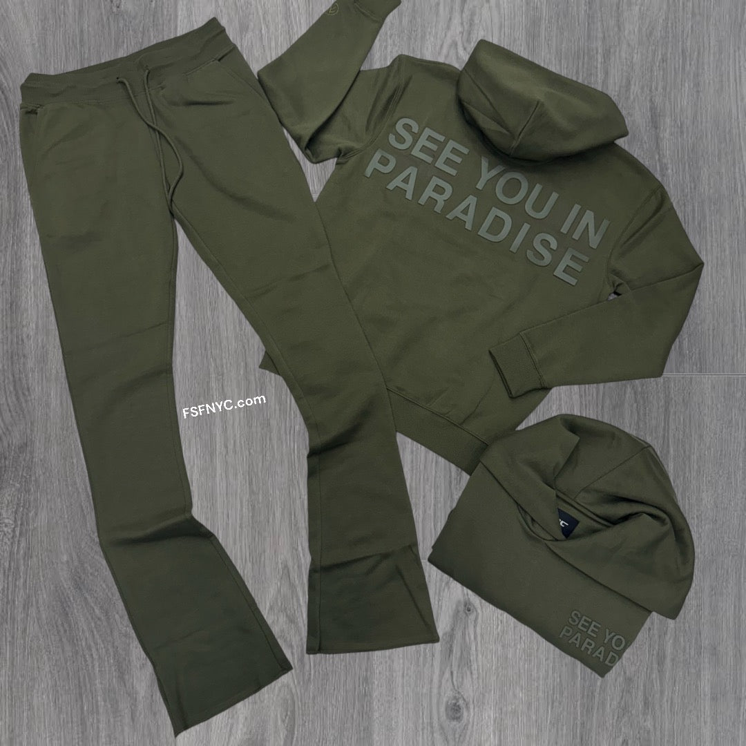 JC stacked see you in paradise sweat suit Olive 8862