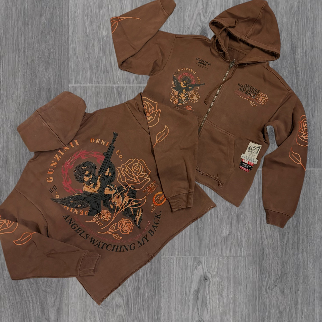 Gunzinii - Rhinestone Zip Hoodie - Brown - GZ527