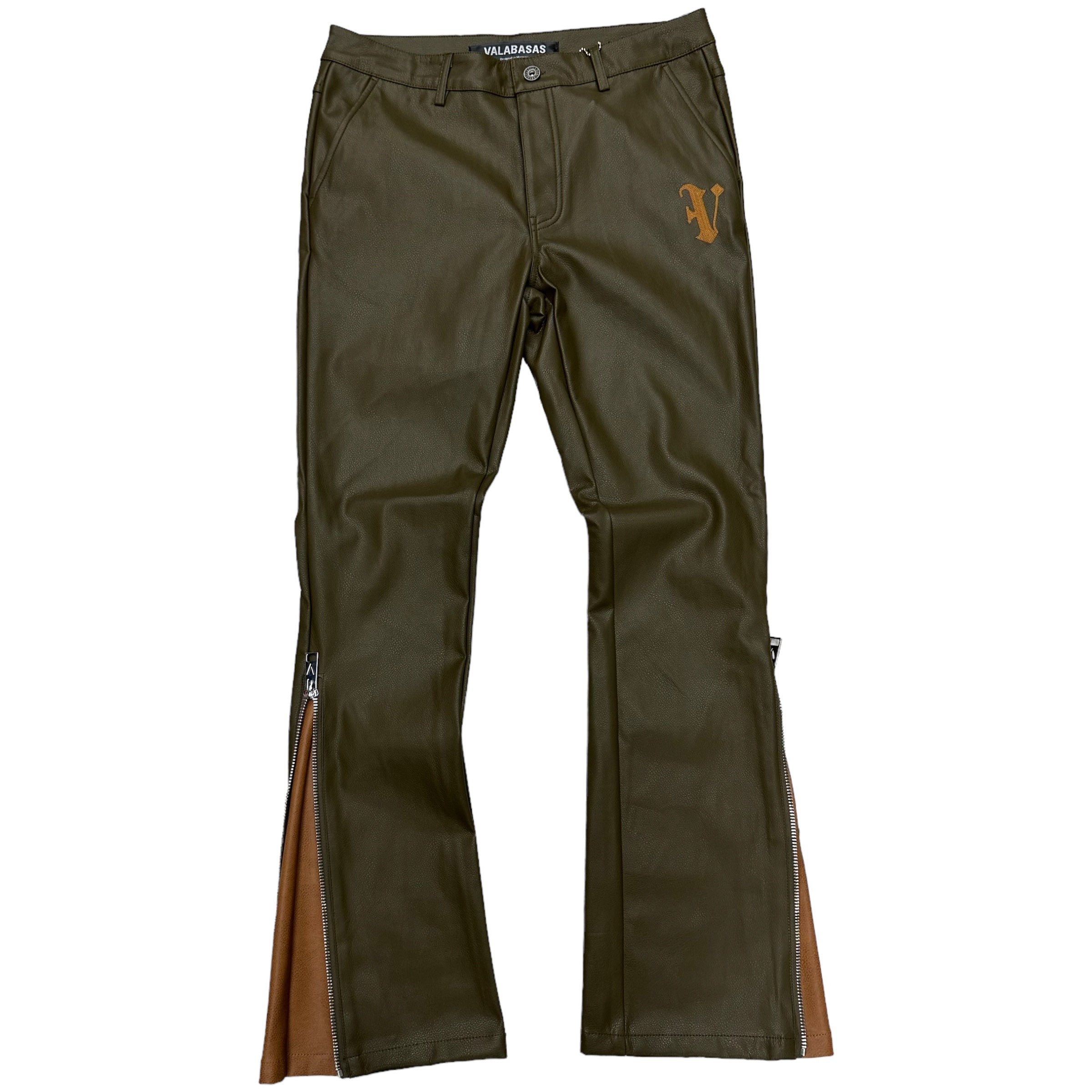 Valabasas CERNIERA Leather Stacked Pants Olive 6601