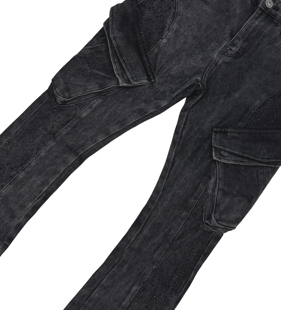 Vicious Stacked Rhinestone Cargo Denim Black VC750