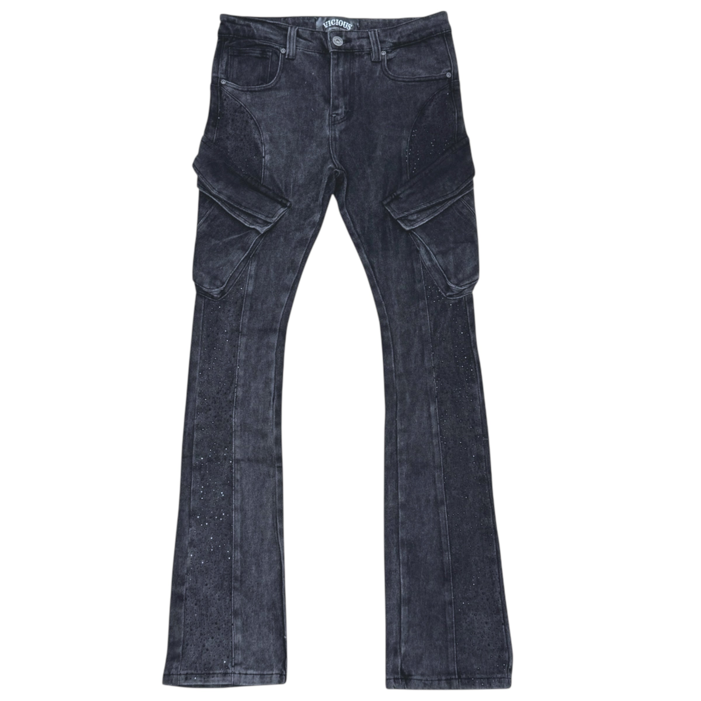 Vicious Stacked Rhinestone Cargo Denim Black VC750