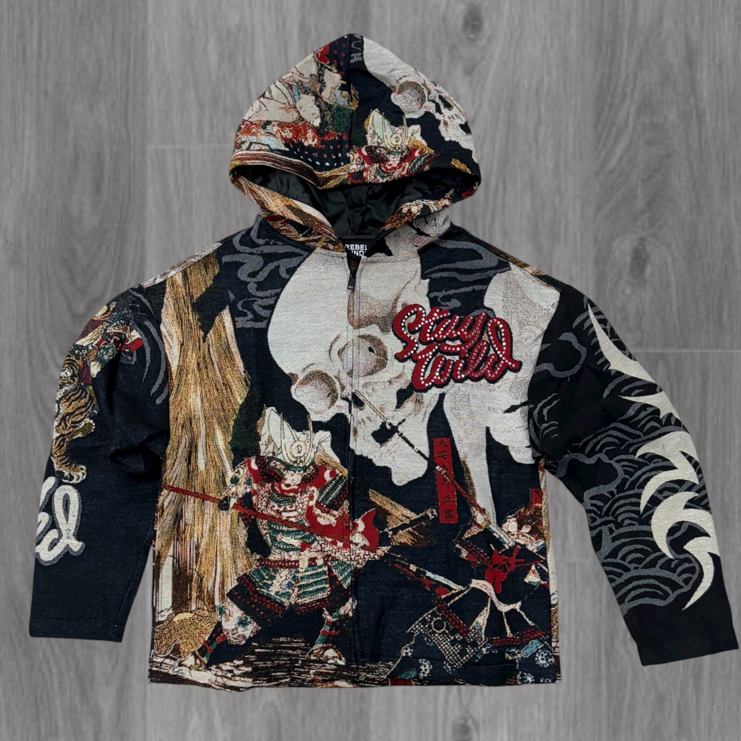 Jacquard - Rhinestone Zip Wild Hoodie - Black - 336
