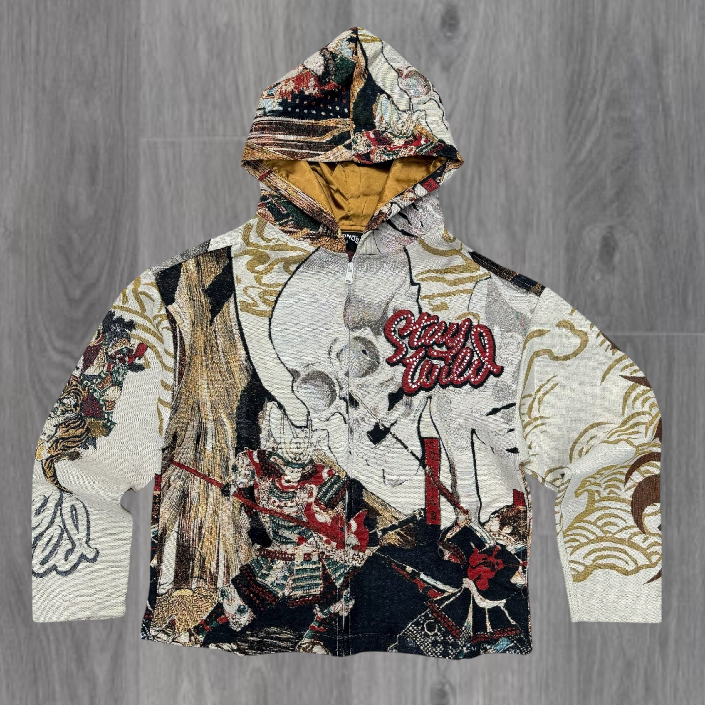 Jacquard - Rhinestone Zip Wild Hoodie - Cream - 336