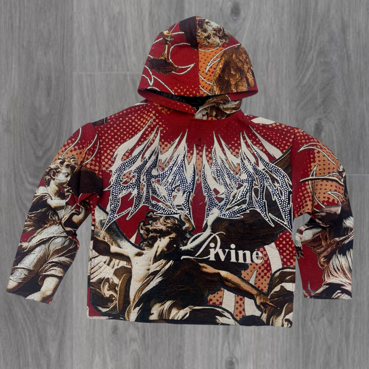 専用出品 Embellished Distressed Hoodie Jacquard - Rhinestone Heaven Hoodie - Red - 337 z