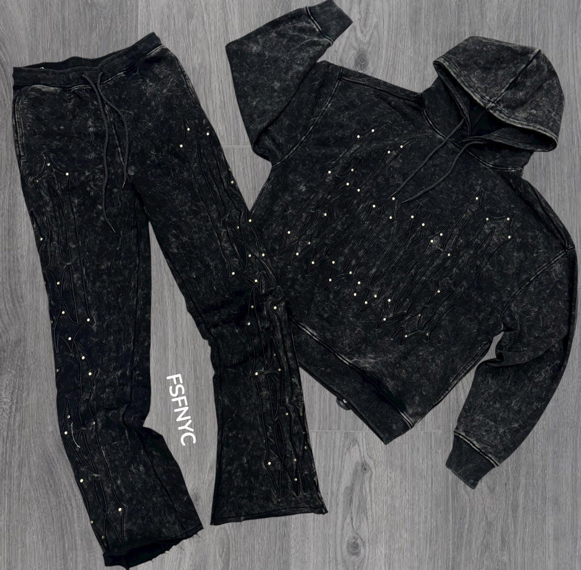 KLOUD - Stacked Acid Wash Sweatsuit Suit - Black- 25349/25350