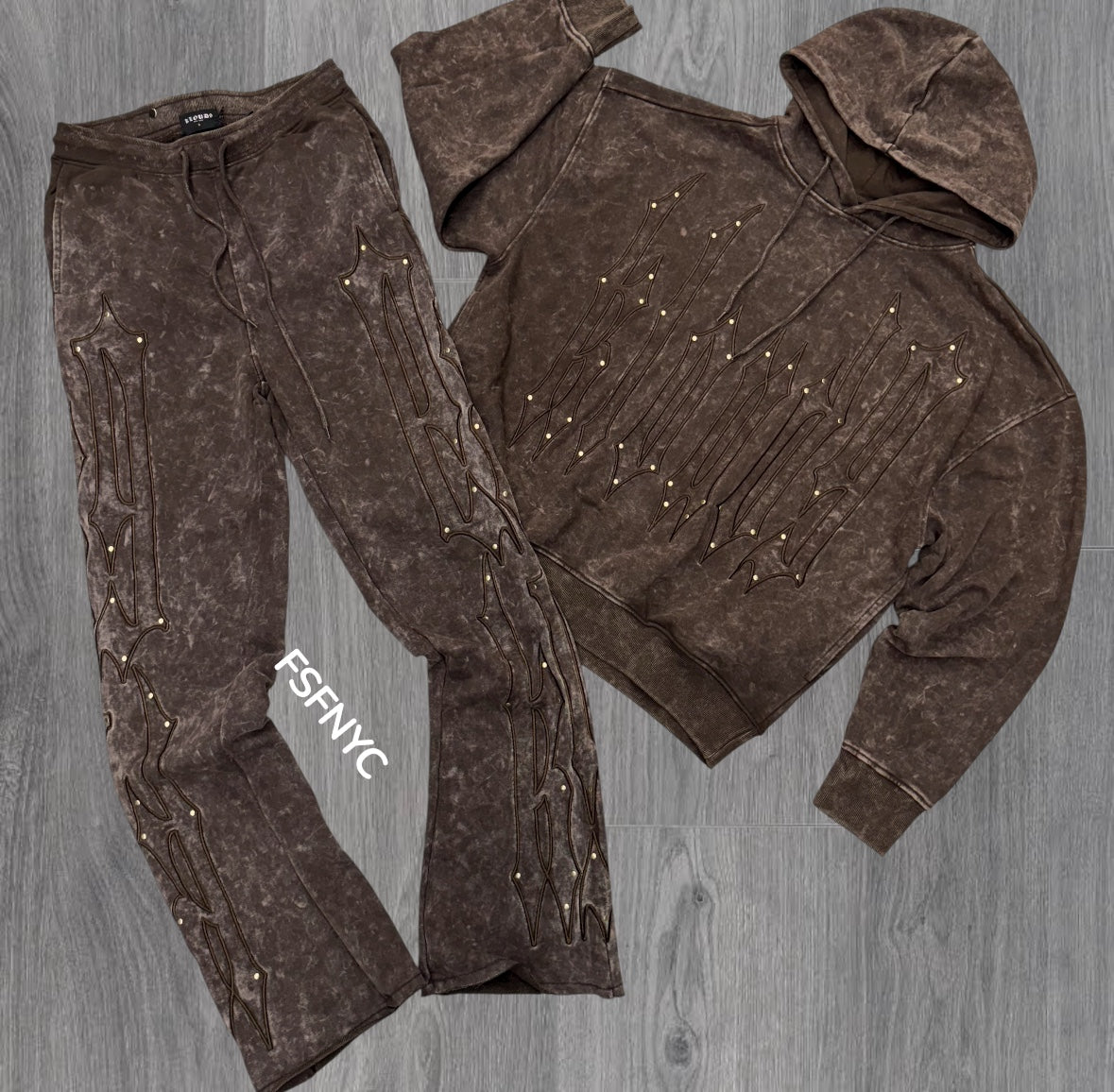 KLOUD Stacked Acid Wash Sweatsuit Suit - Brown- 25349/25350