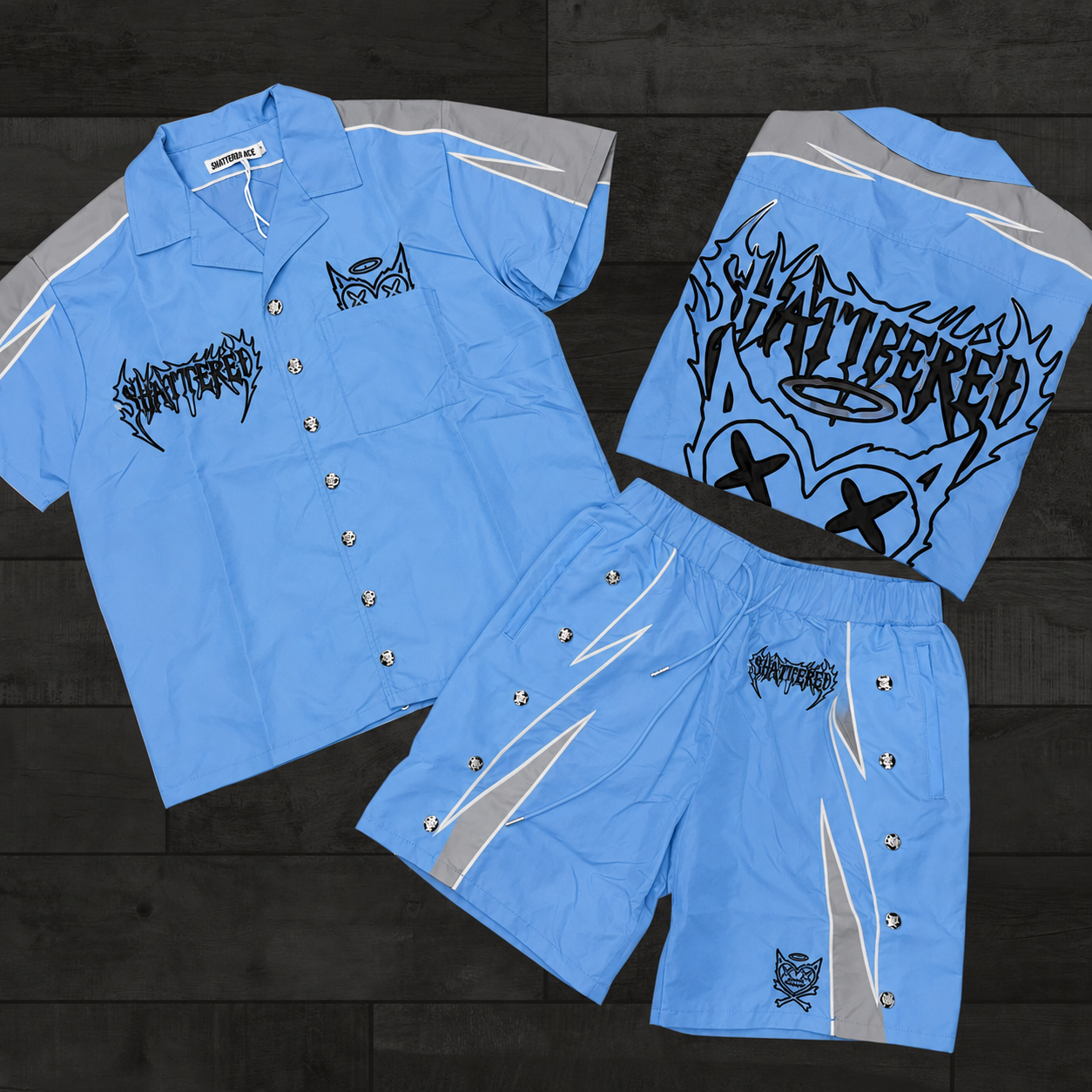 Shattered-  Nylon Short Set - Sky Blue / Grey -