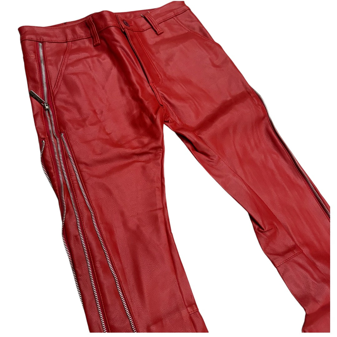 Vicious Stacked Leather Pants w/Zipper Red VC400