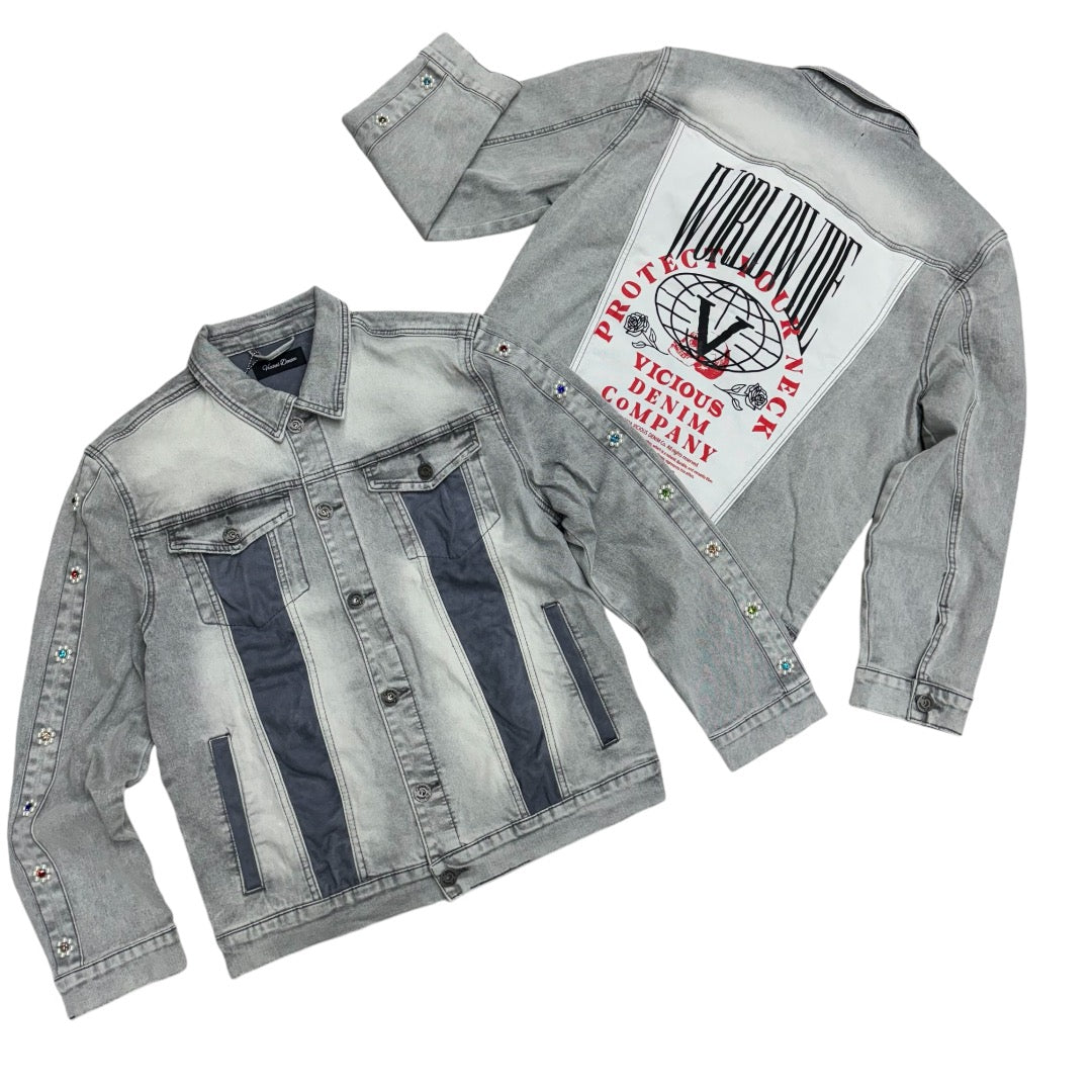 Vicious Crystals Denim Jacker Grey VC811