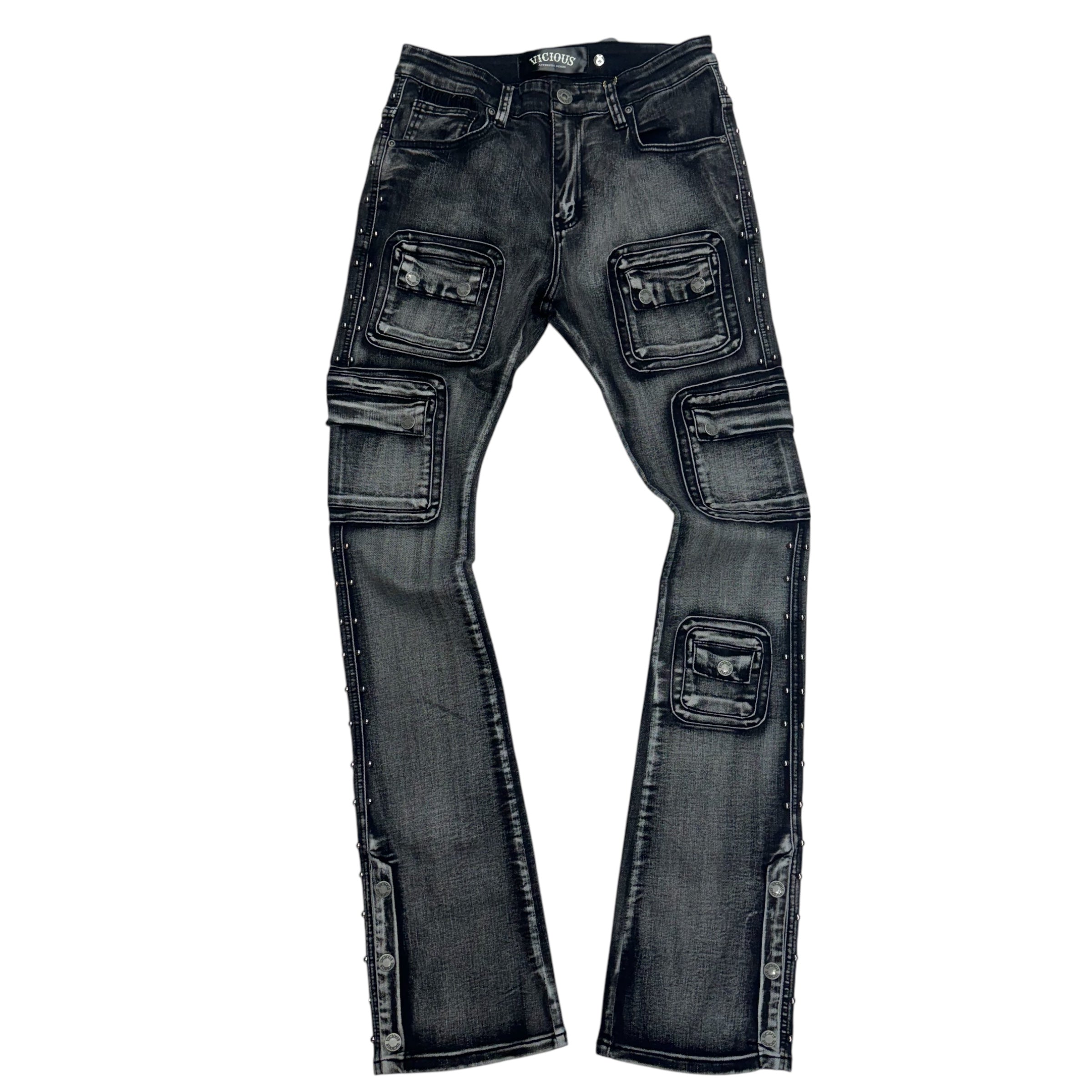 Vicious Stacked Studded Warrior Cargo Denim Black VC671