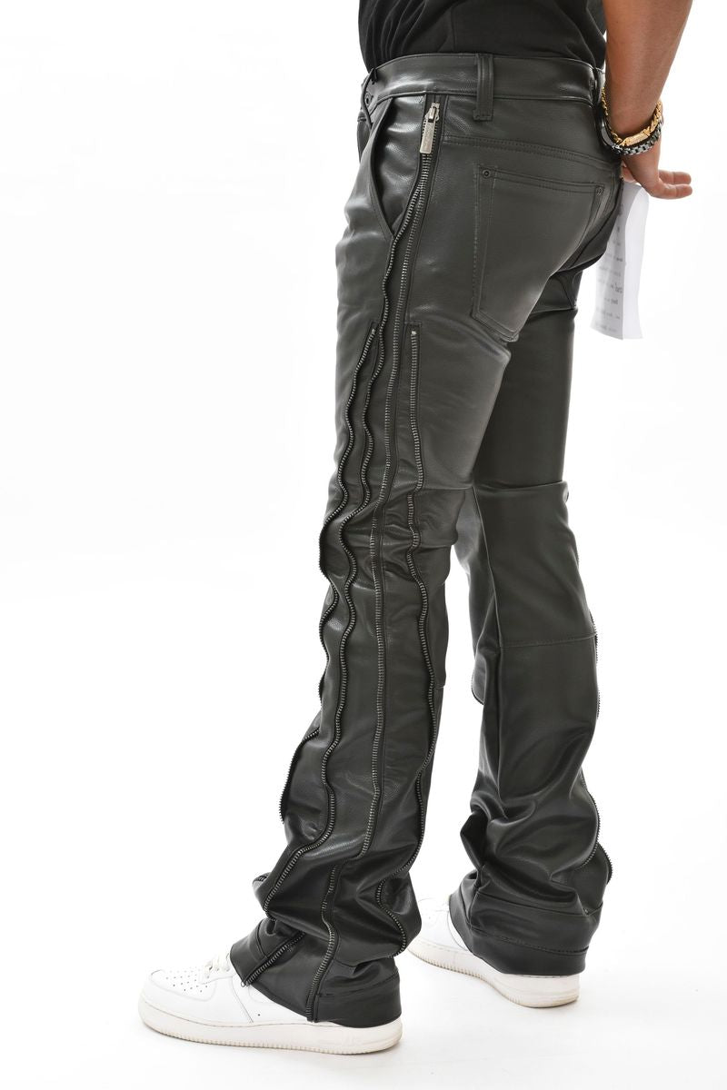 Vicious Stacked Leather Pants w/Zipper Black VC400